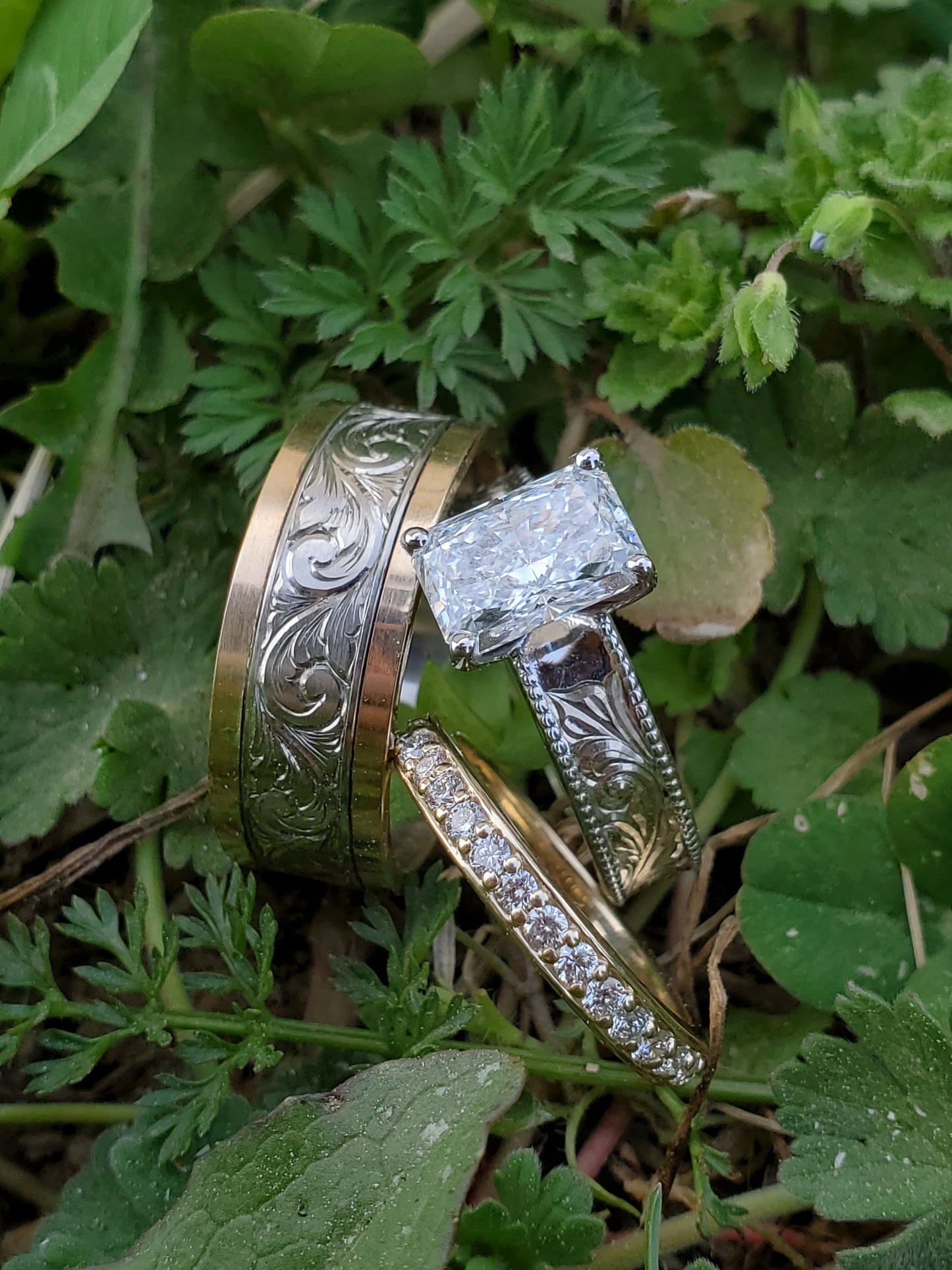 The Milo: 8mm, 10K, 14K or 18K White and Yellow Gold Men's Western Wedding Band, Custom Engraved Initial, Hand-Engraved Cowboy Wedding Ring, Men's Engraved Wedding Band, 8mm Wedding Band for Men, Two-tone Men's Ring