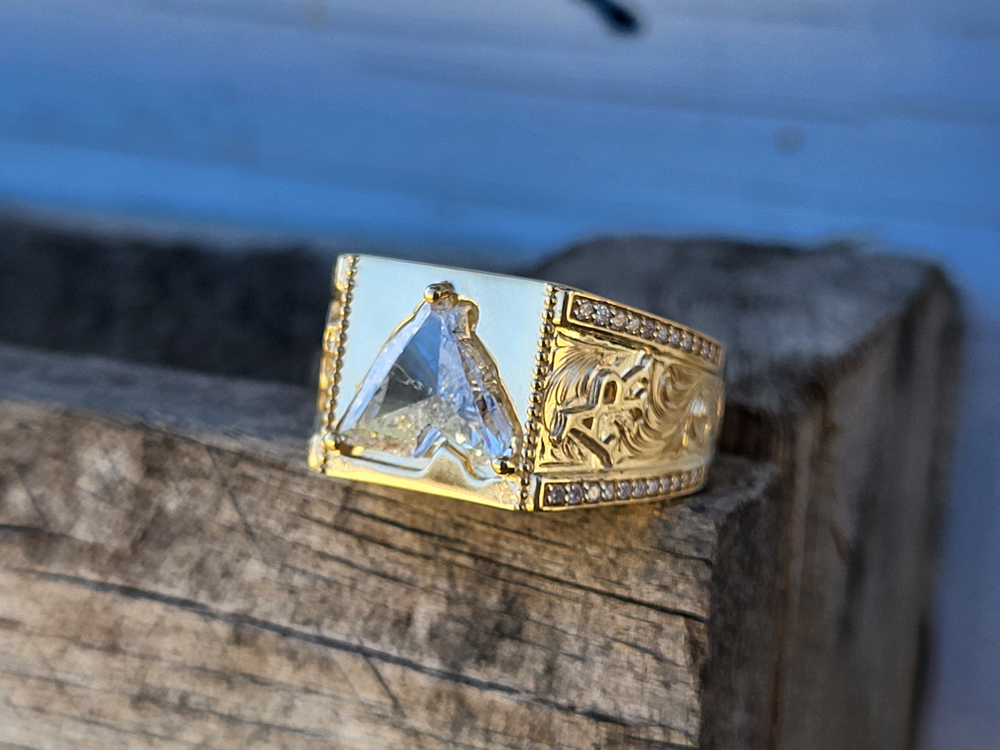 The Colt: Horse-Head Lab Diamond, 10K Gold Hand-Engraved Western Signet Ring, Cowboy Ring, Western Gold Ring, Diamond Ring for Him