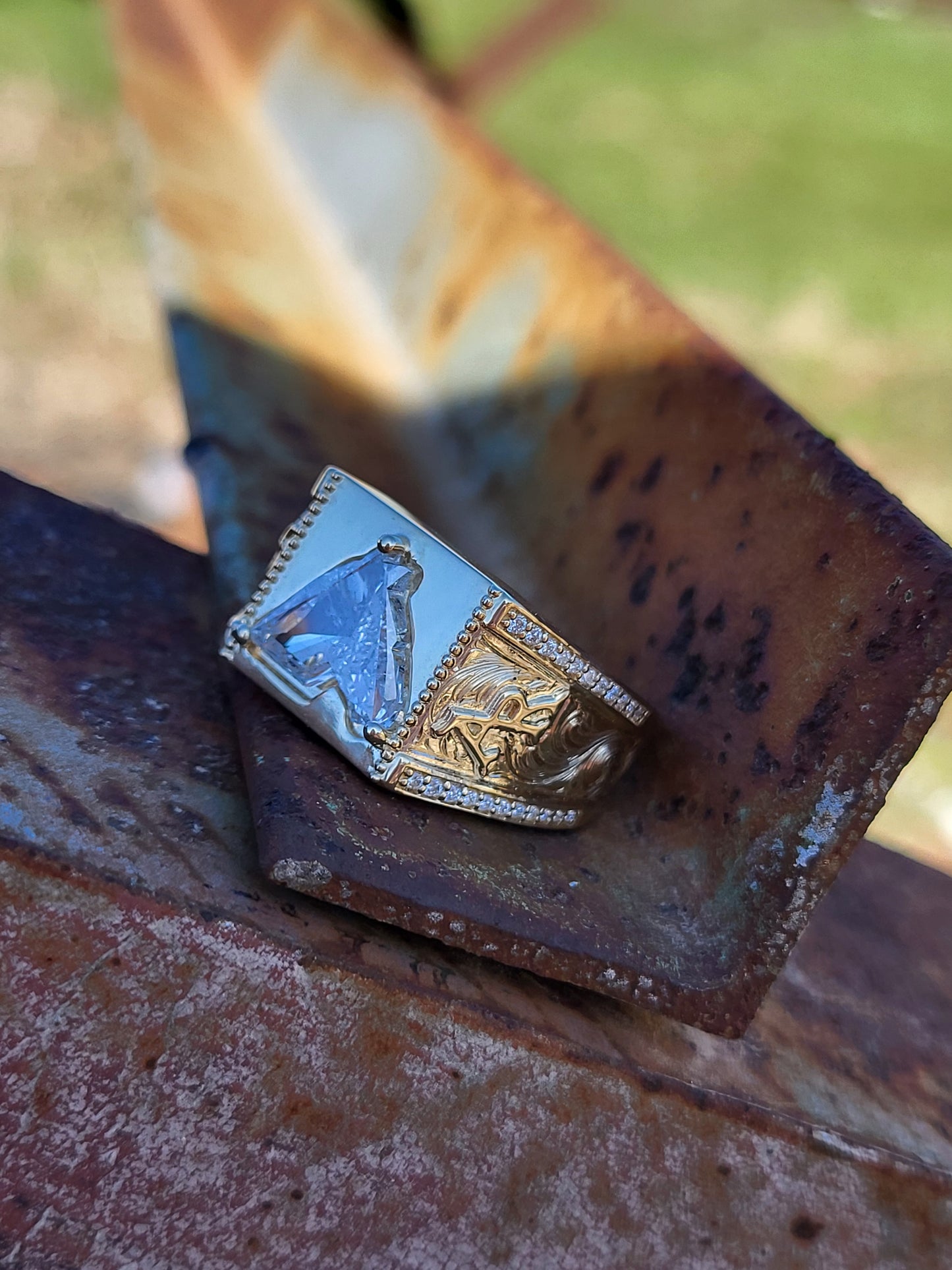The Colt: Horse-Head Lab Diamond, 10K Gold Hand-Engraved Western Signet Ring, Cowboy Ring, Western Gold Ring, Diamond Ring for Him