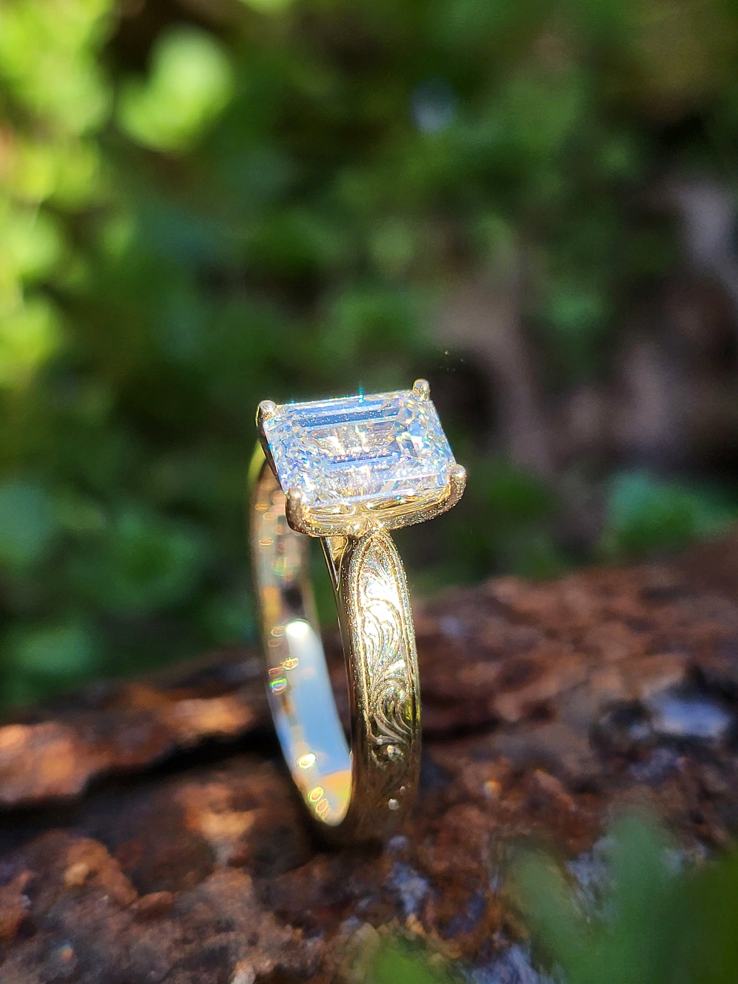 The Hailey: Narrow Cathedral Style Engagement Ring in 10K, 14K, 18K Yellow Gold Emerald Cut Engagement Ring, Western Engagement Ring, Cowgirl Ring, Western Wedding Ring