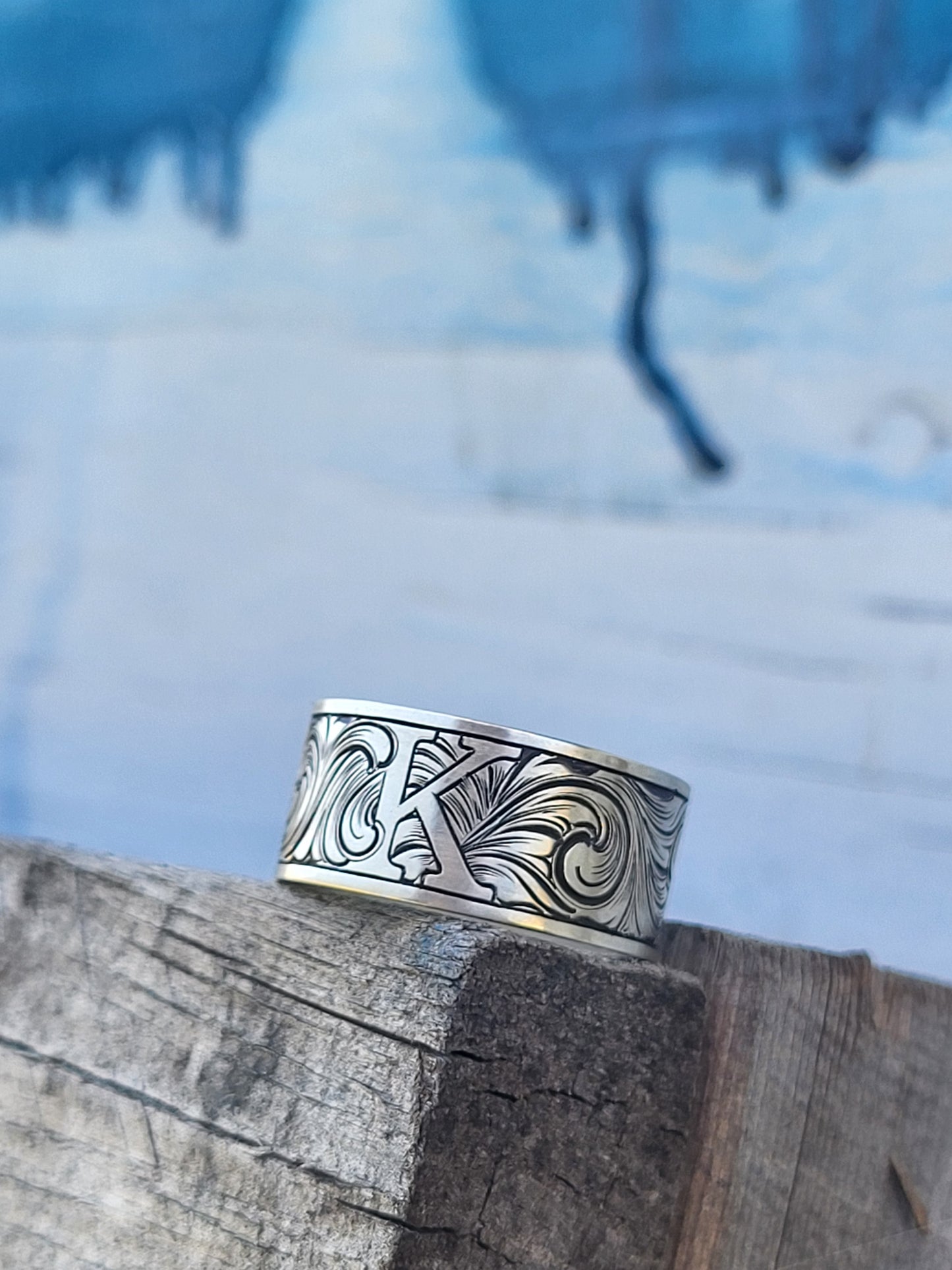 The Jason: Custom Initial Sterling Silver Men's Band, White Gold Western Wedding Band, Cowboy Wedding Band with Hand-Engraved Scrollwork, Wedding Band with Custom Letter Engraving