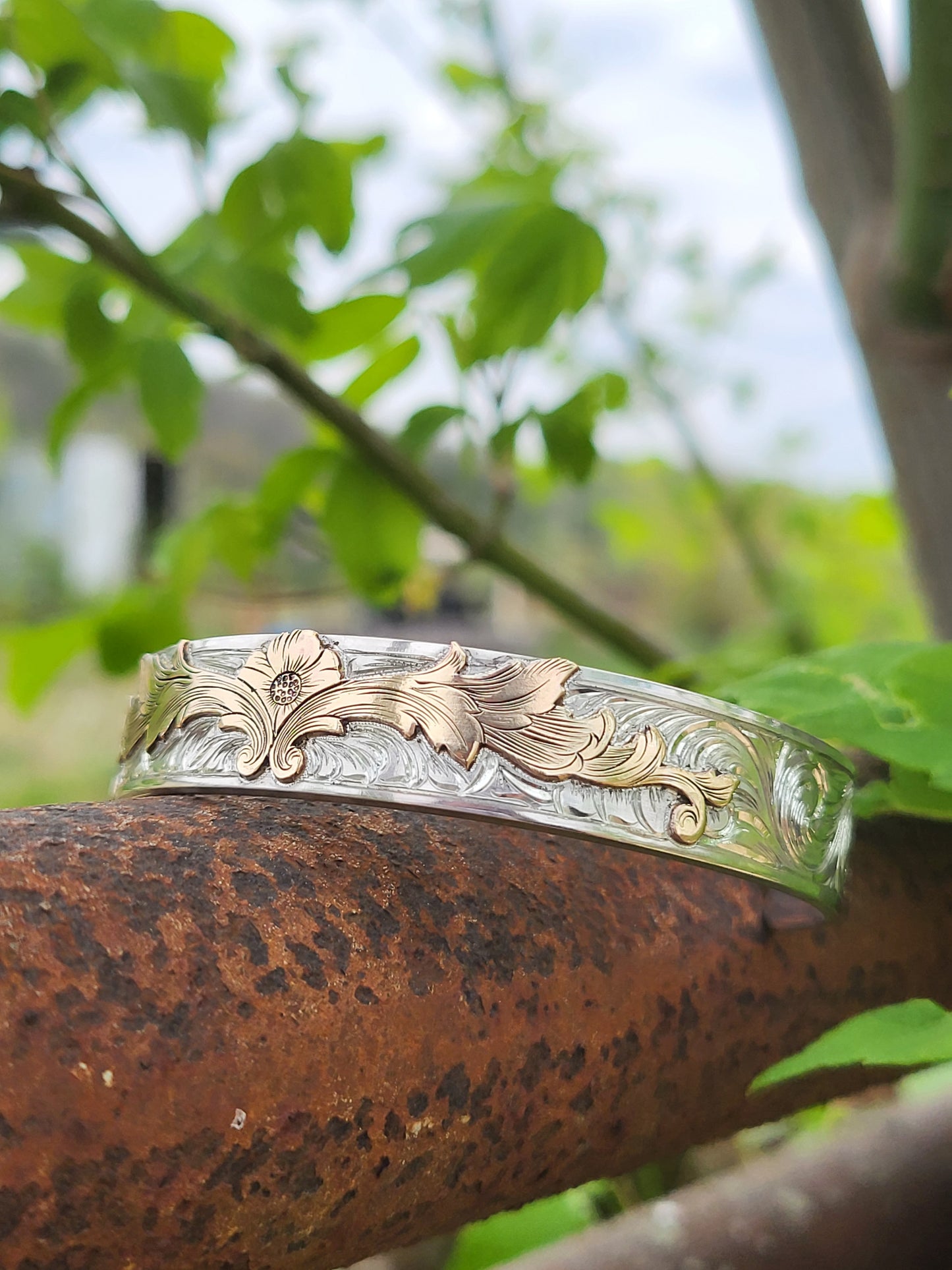 The Sarah- Floral Cowgirl Cuff: A Sterling Silver or 10K Gold Cuff with a 10K or 14K Gold overlay, Hand-engraved Cuff