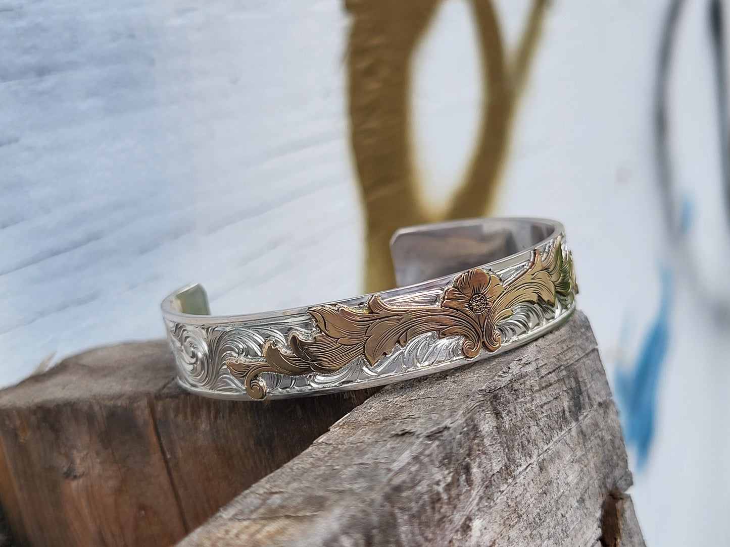 The Sarah- Floral Cowgirl Cuff: A Sterling Silver or 10K Gold Cuff with a 10K or 14K Gold overlay, Hand-engraved Cuff