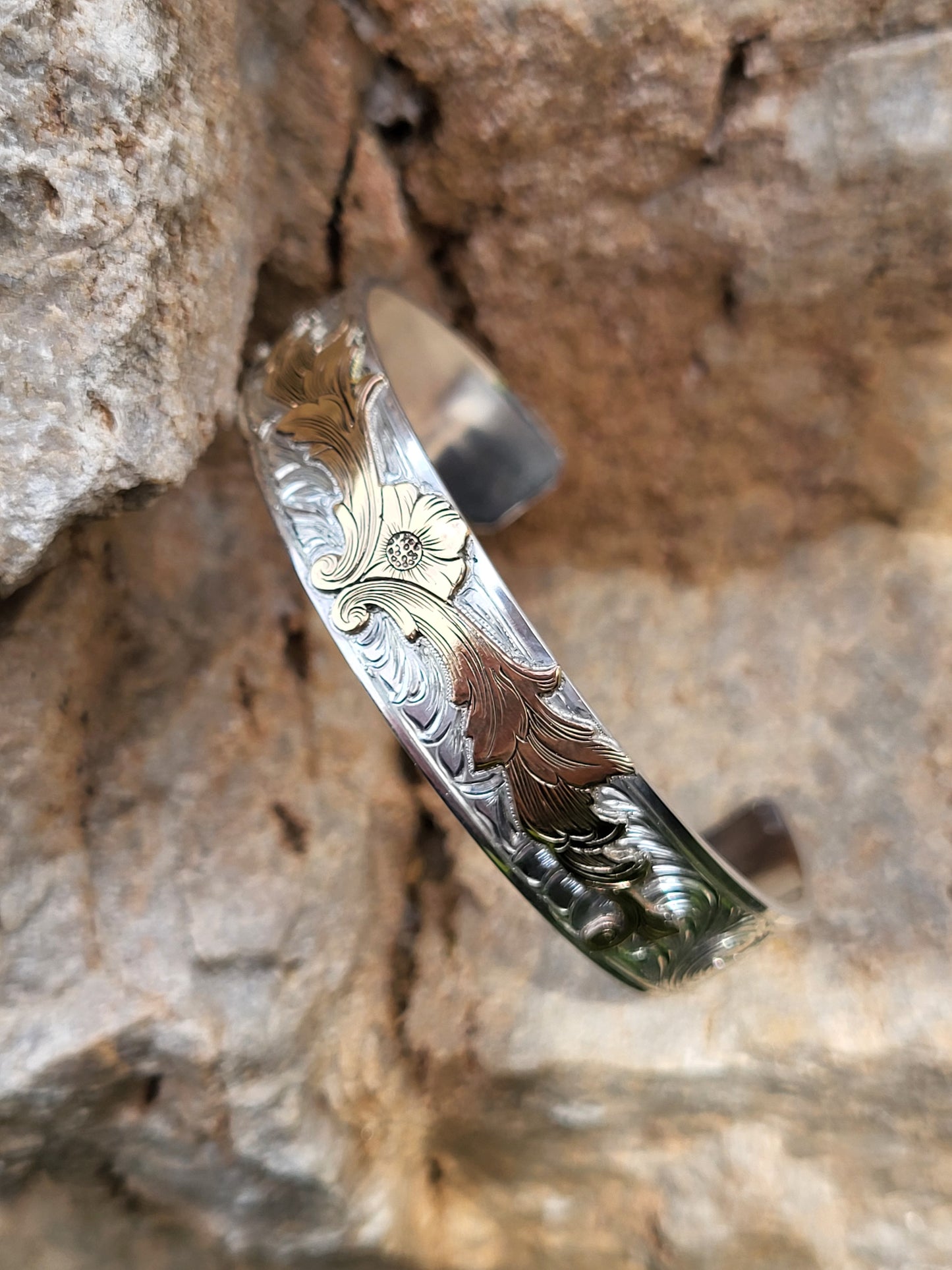 The Sarah- Floral Cowgirl Cuff: A Sterling Silver or 10K Gold Cuff with a 10K or 14K Gold overlay, Hand-engraved Cuff