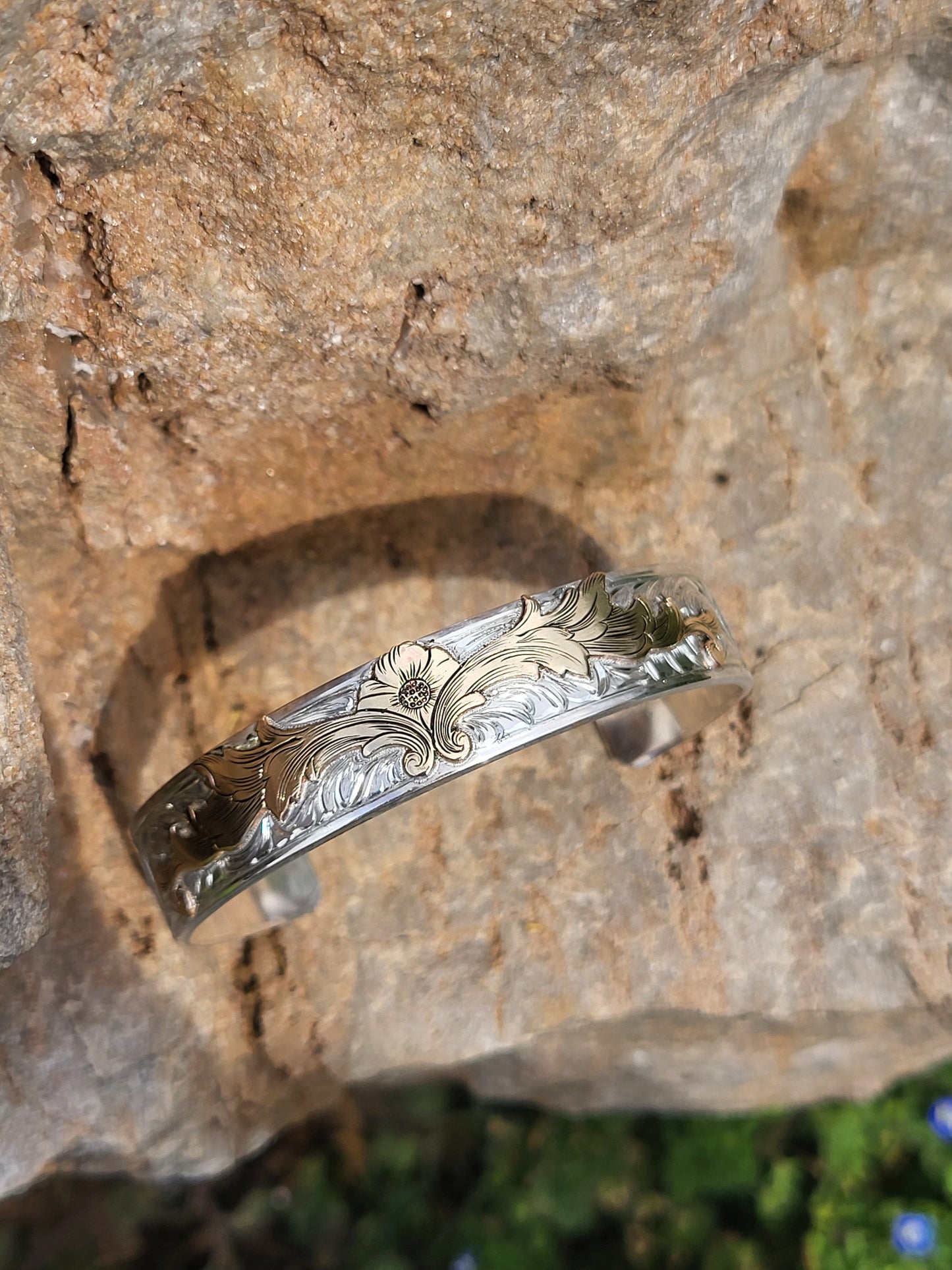 The Sarah- Floral Cowgirl Cuff: A Sterling Silver or 10K Gold Cuff with a 10K or 14K Gold overlay, Hand-engraved Cuff