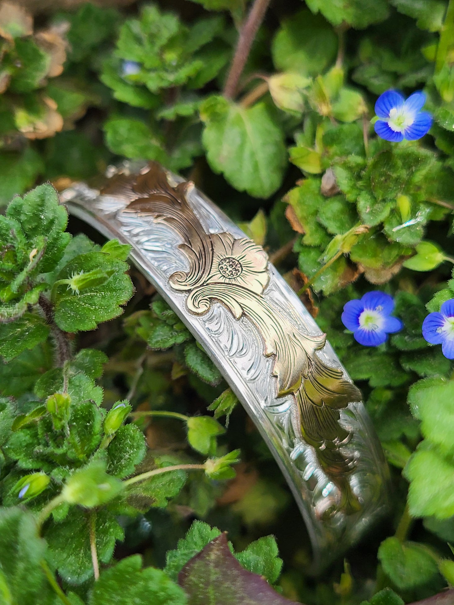 The Sarah- Floral Cowgirl Cuff: A Sterling Silver or 10K Gold Cuff with a 10K or 14K Gold overlay, Hand-engraved Cuff