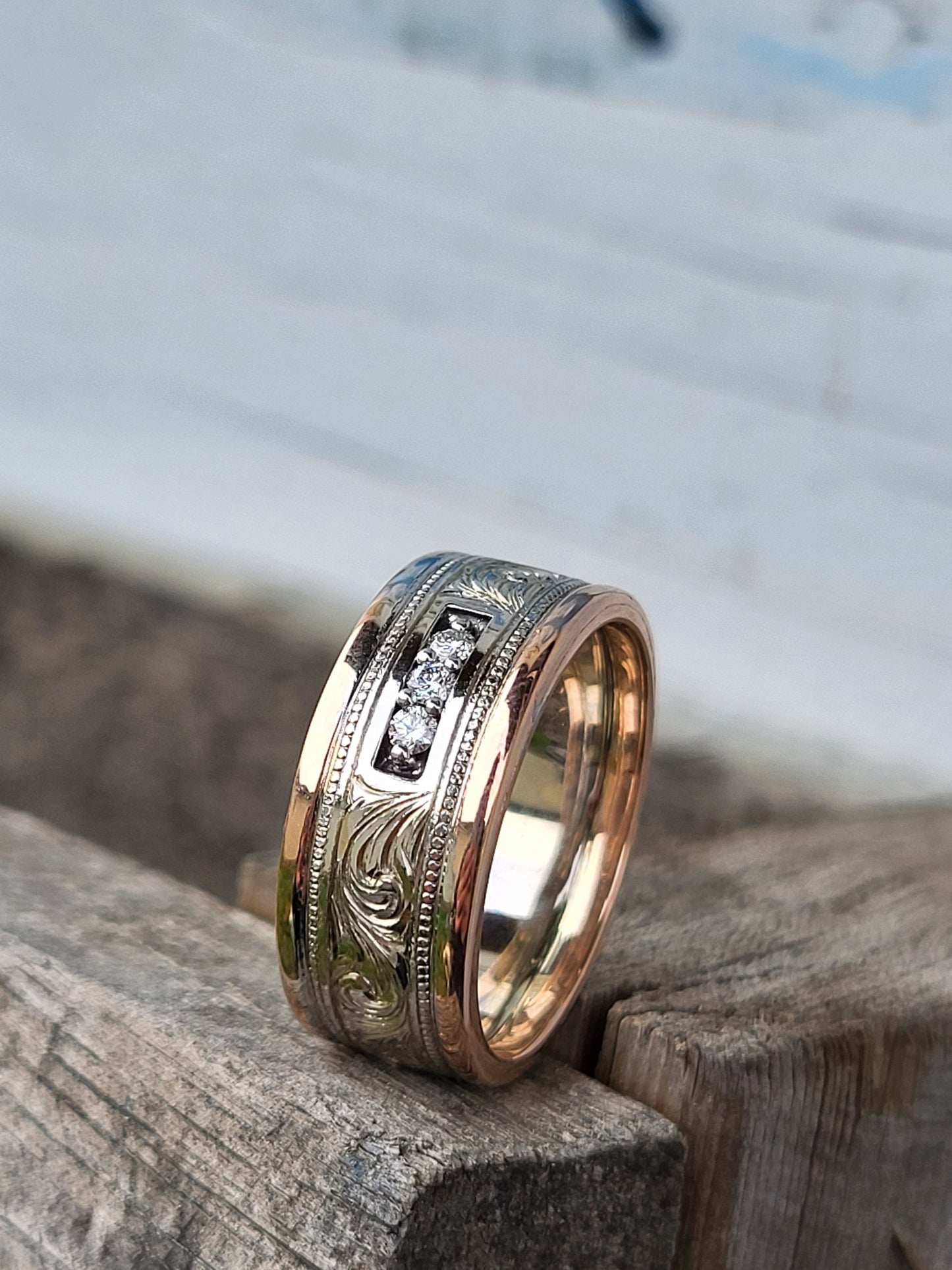 The Barrett: Hand-Engraved Cowboy Wedding Band with Diamonds, Two-Tone Rose and White Gold Men's Band, Hand-Engraved Wedding band for Him, Western Men's Wedding Ring