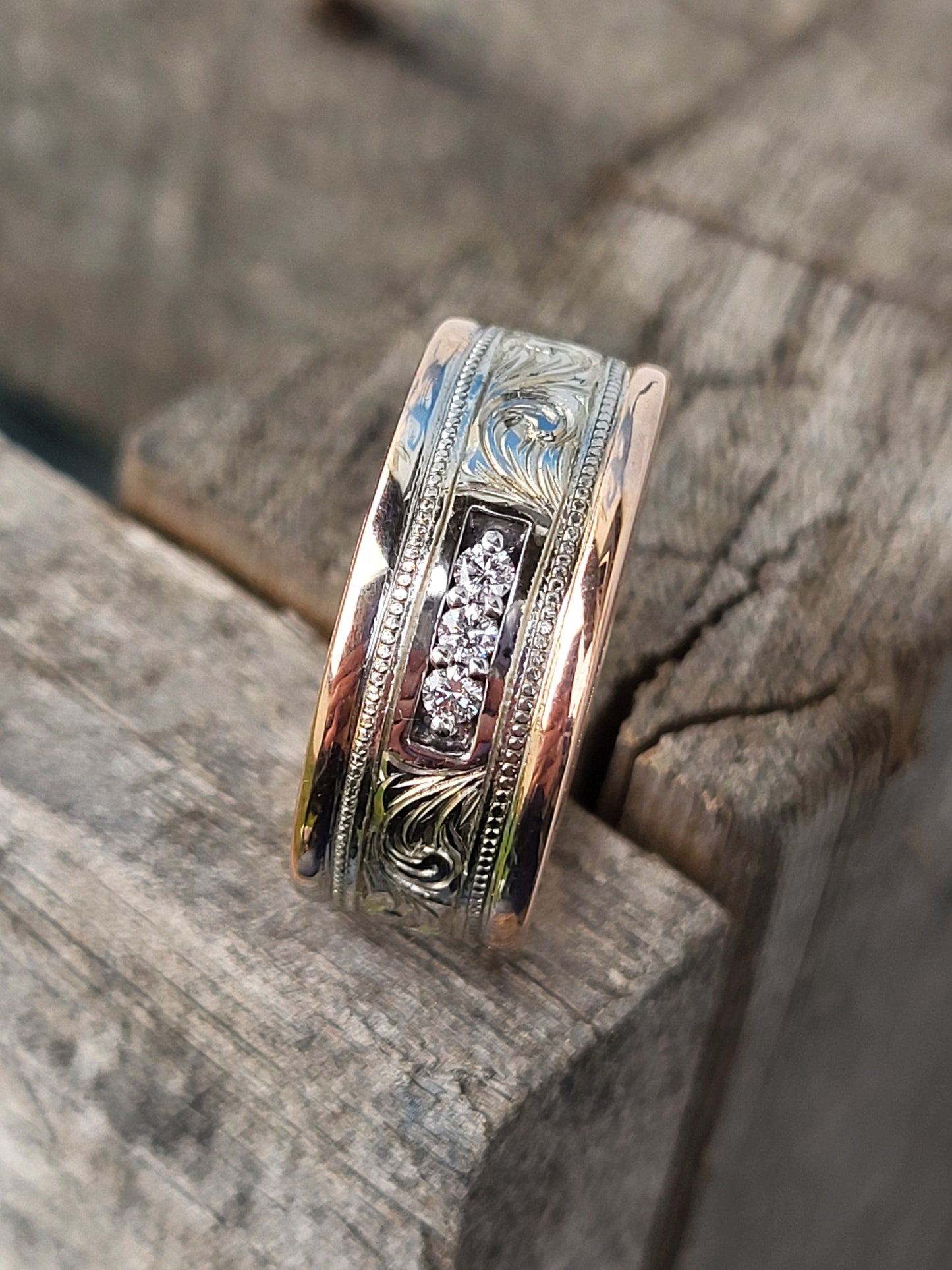 The Barrett: Hand-Engraved Cowboy Wedding Band with Diamonds, Two-Tone Rose and White Gold Men's Band, Hand-Engraved Wedding band for Him, Western Men's Wedding Ring