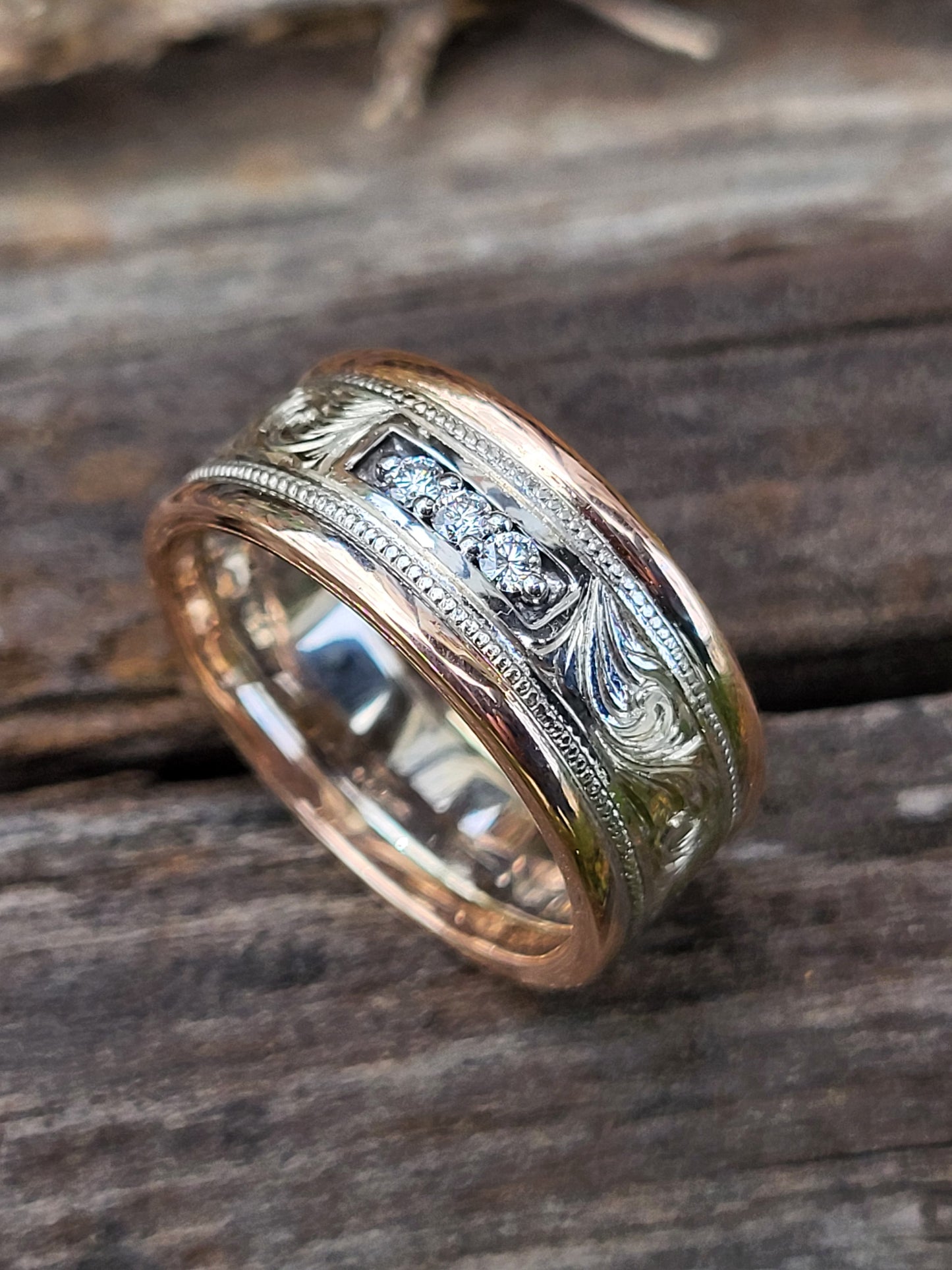 The Barrett: Hand-Engraved Cowboy Wedding Band with Diamonds, Two-Tone Rose and White Gold Men's Band, Hand-Engraved Wedding band for Him, Western Men's Wedding Ring