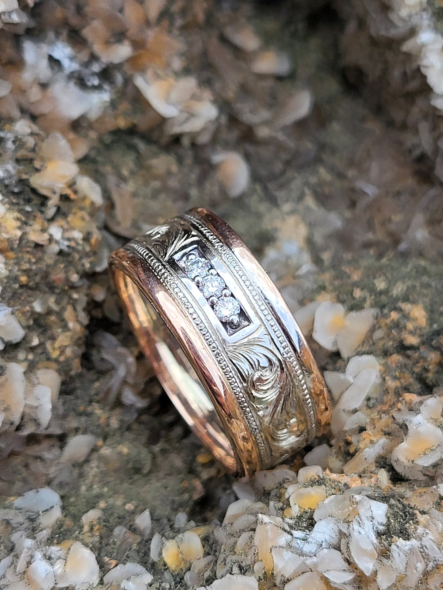 The Barrett: Hand-Engraved Cowboy Wedding Band with Diamonds, Two-Tone Rose and White Gold Men's Band, Hand-Engraved Wedding band for Him, Western Men's Wedding Ring