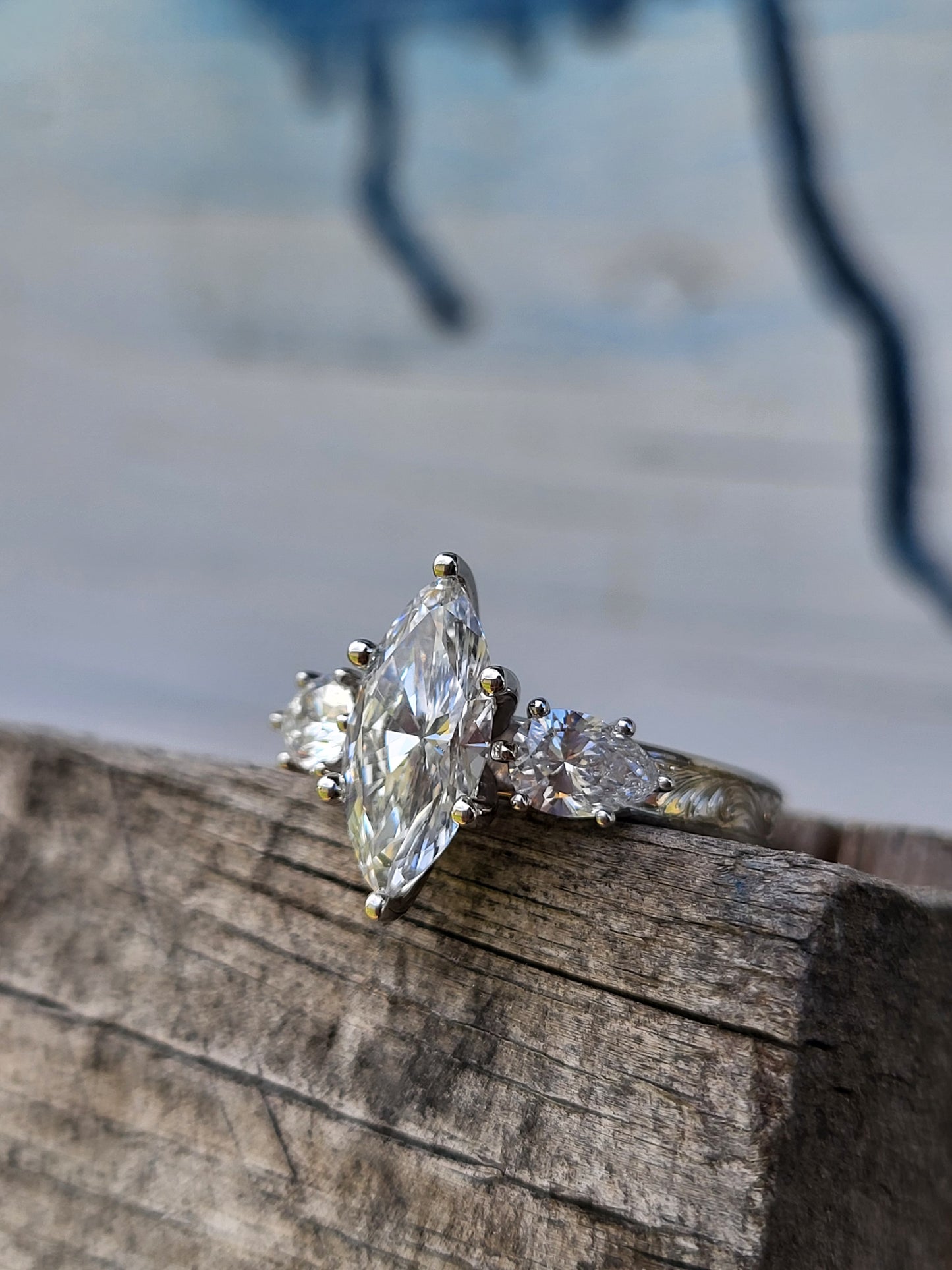 The Jena: 1 to 1.75ct Three-Stone Engagement Ring, 10K, 14K, or 18K White Gold Engagement Ring with 1ct to 1.75ct Marquise Center, Western Engagement Ring, Cowgirl Engagement Ring