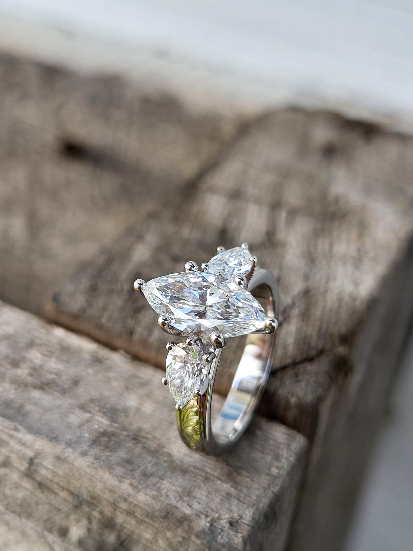 The Jena: 1 to 1.75ct Three-Stone Engagement Ring, 10K, 14K, or 18K White Gold Engagement Ring with 1ct to 1.75ct Marquise Center, Western Engagement Ring, Cowgirl Engagement Ring
