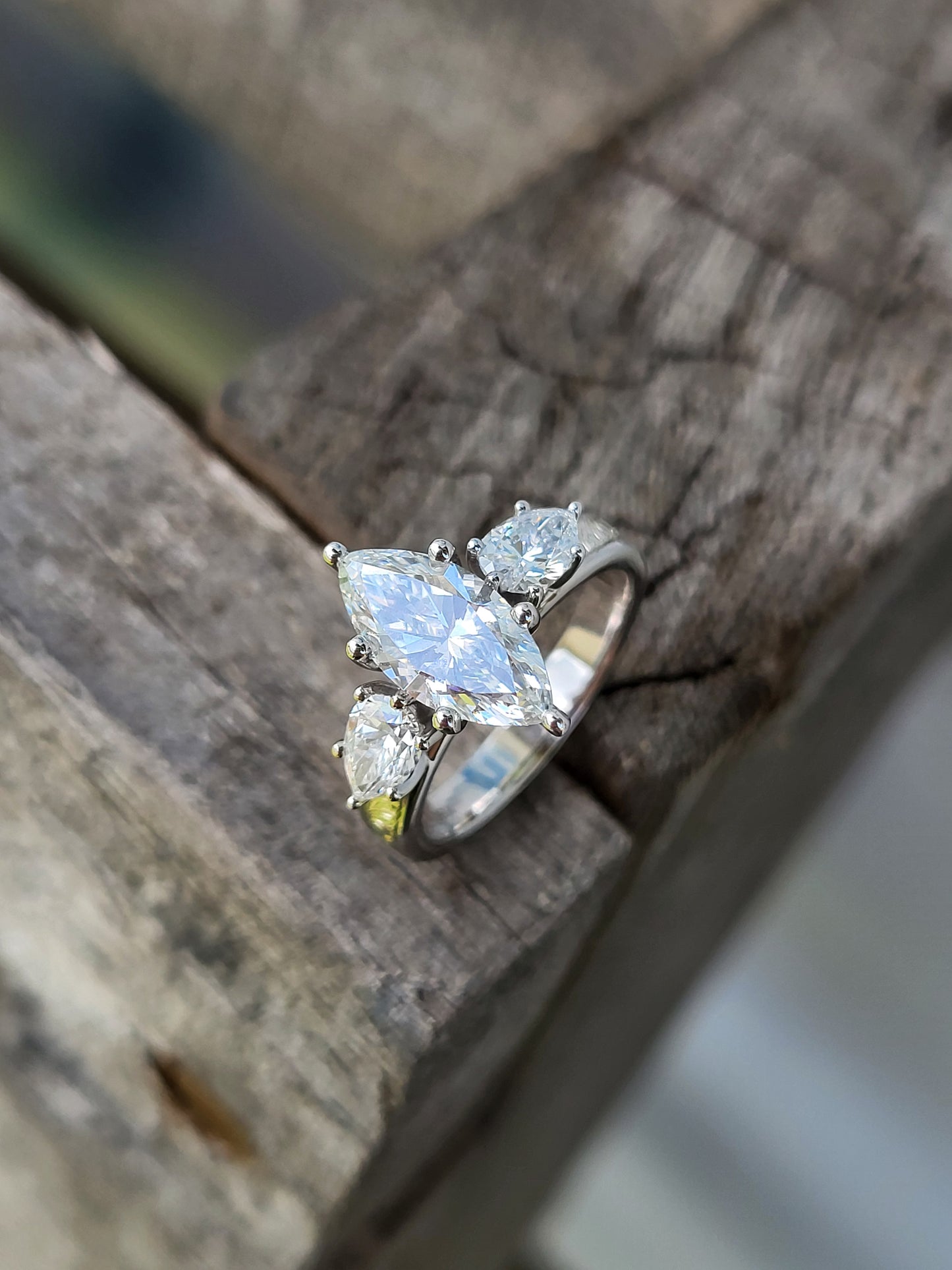 The Jena: 1 to 1.75ct Three-Stone Engagement Ring, 10K, 14K, or 18K White Gold Engagement Ring with 1ct to 1.75ct Marquise Center, Western Engagement Ring, Cowgirl Engagement Ring