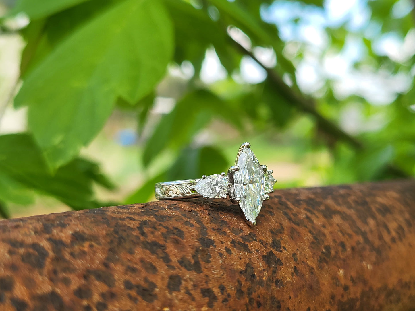 The Jena: 1 to 1.75ct Three-Stone Engagement Ring, 10K, 14K, or 18K White Gold Engagement Ring with 1ct to 1.75ct Marquise Center, Western Engagement Ring, Cowgirl Engagement Ring