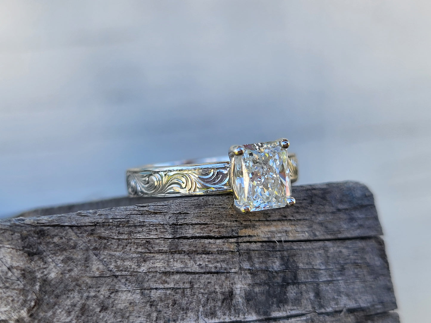 The Tova: 1ct+ Radiant Cut 3.5mm Narrow Engagement Ring in 10K, 14K, 18K White Gold Engagement Ring, Western Engagement Ring, Cowgirl Ring, Western Wedding Ring