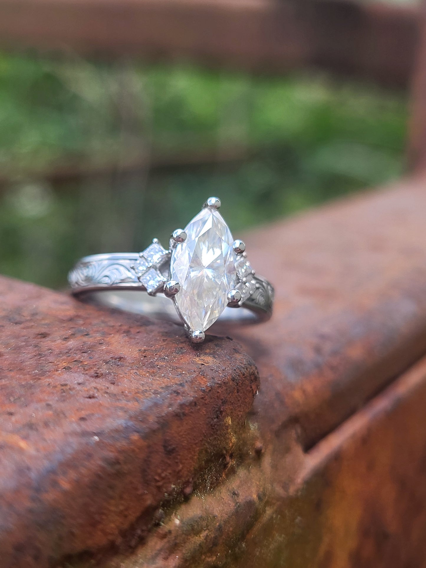 The Delaney: 1 to 1.75ct Three-Stone Engagement Ring, 10K, 14K, or 18K White Gold Engagement Ring with 1ct to 1.75ct Marquise Center, Western Engagement Ring, Cowgirl Engagement Ring, Princess Cut Accents