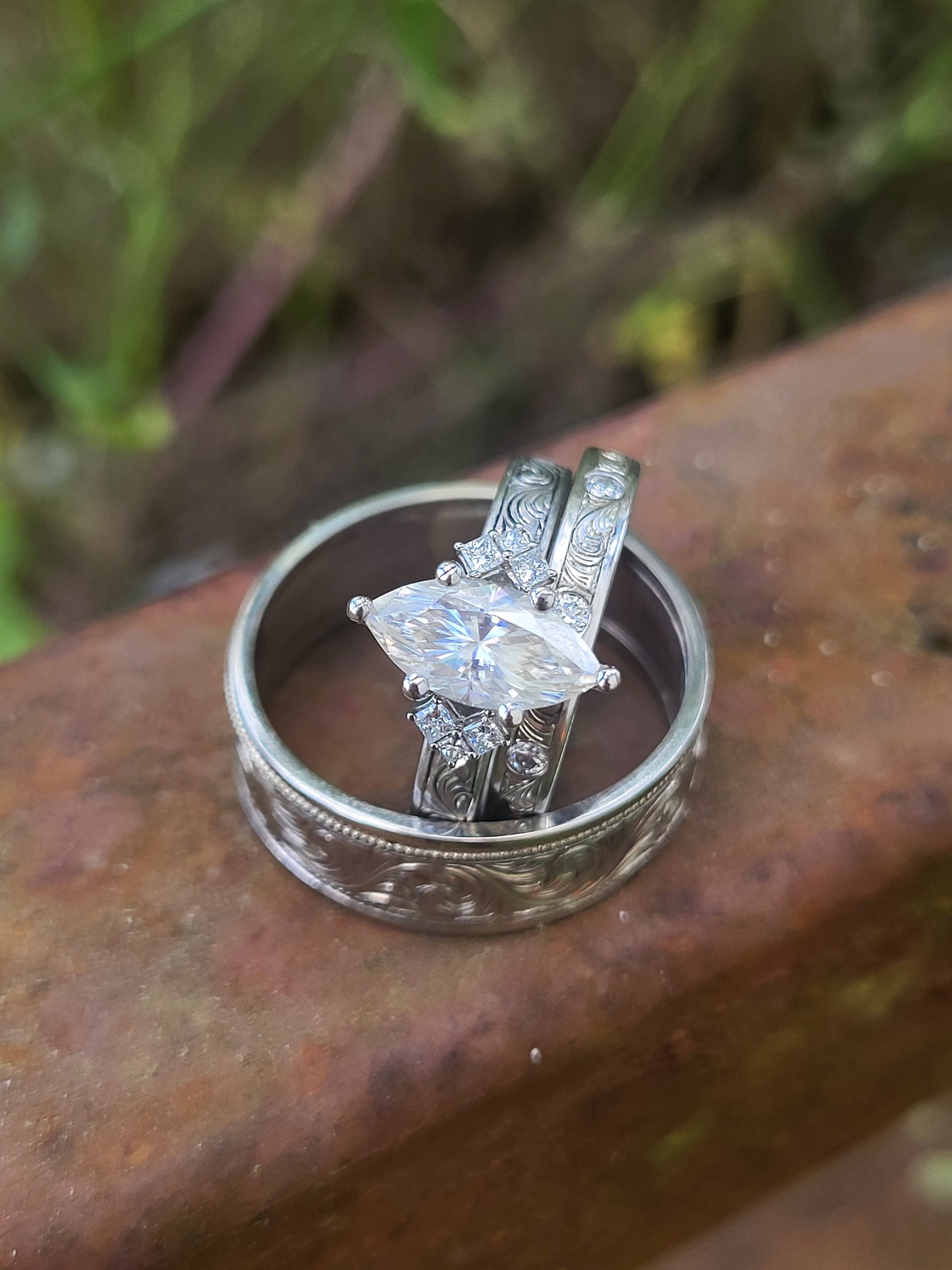 The Delaney: 1 to 1.75ct Three-Stone Engagement Ring, 10K, 14K, or 18K White Gold Engagement Ring with 1ct to 1.75ct Marquise Center, Western Engagement Ring, Cowgirl Engagement Ring, Princess Cut Accents
