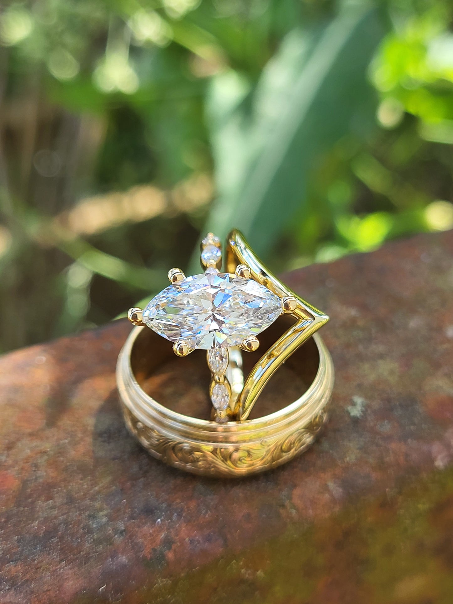 The Alicia: 2 ct to 2.75 ct. 10K, 14K, or 18K Yellow Gold Marquise Engagement Ring, Western Engagement Ring, Cowgirl Ring, Marquise Accented Dainty Engagement Ring