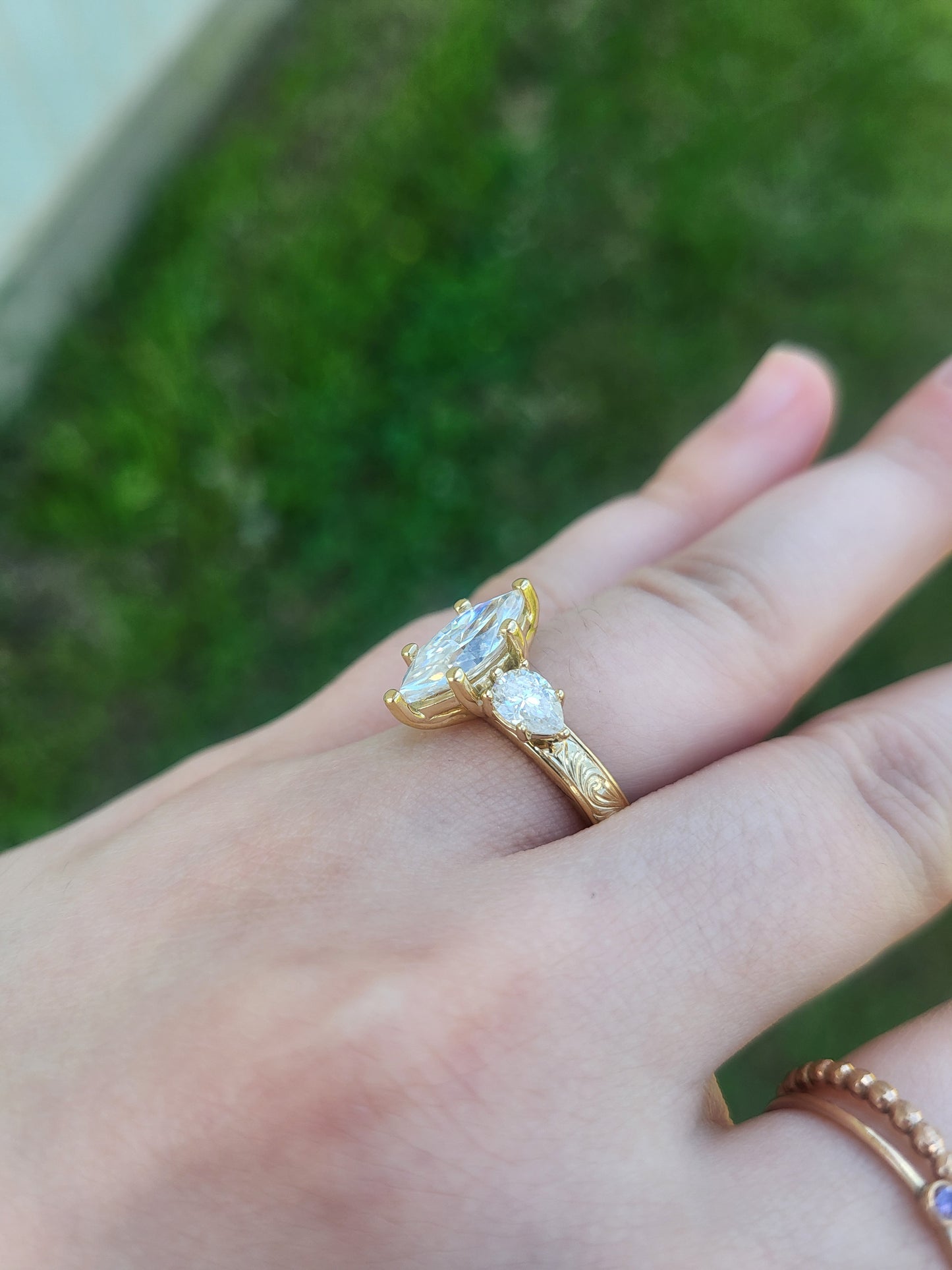 The Jasmine: 2ct. Marquise Three-Stone Engagement Ring, 10K, 14K, or 18K Yellow Gold Engagement Ring with 1ct to 1.75ct Marquise Center, Western Engagement Ring, Pear Accent Cowgirl Engagement Ring