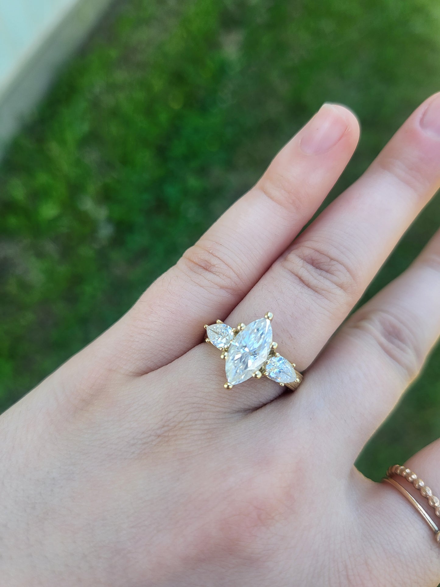 The Jasmine: 2ct. Marquise Three-Stone Engagement Ring, 10K, 14K, or 18K Yellow Gold Engagement Ring with 1ct to 1.75ct Marquise Center, Western Engagement Ring, Pear Accent Cowgirl Engagement Ring