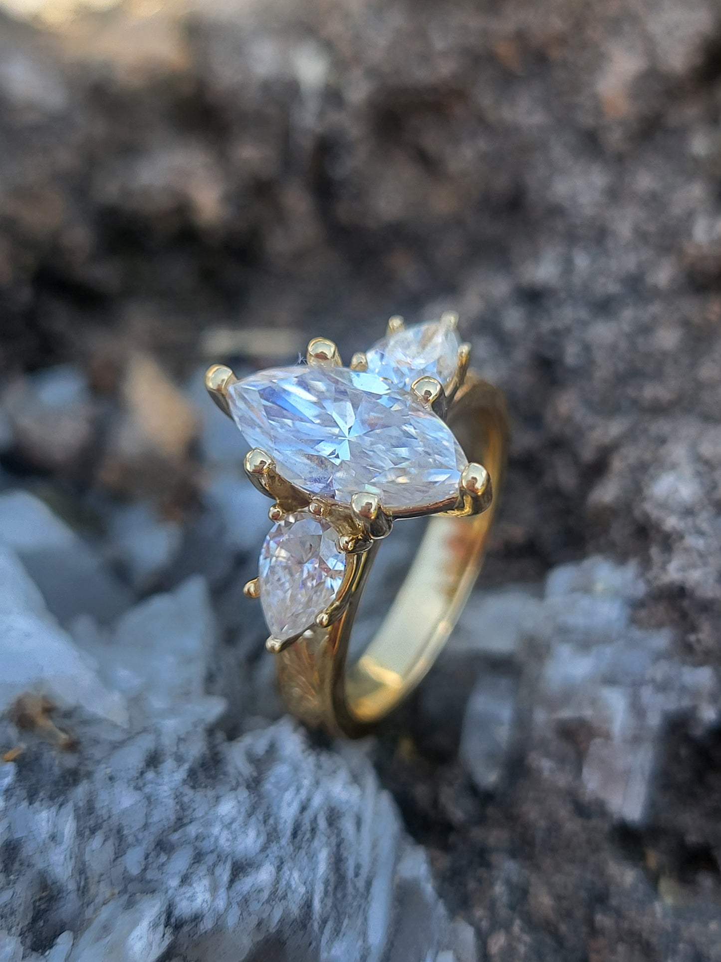 The Jasmine: 2ct. Marquise Three-Stone Engagement Ring, 10K, 14K, or 18K Yellow Gold Engagement Ring with 1ct to 1.75ct Marquise Center, Western Engagement Ring, Pear Accent Cowgirl Engagement Ring