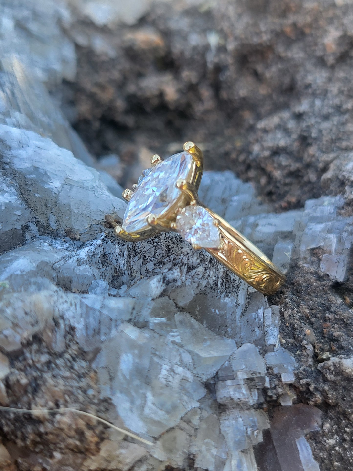The Jasmine: 2ct. Marquise Three-Stone Engagement Ring, 10K, 14K, or 18K Yellow Gold Engagement Ring with 1ct to 1.75ct Marquise Center, Western Engagement Ring, Pear Accent Cowgirl Engagement Ring