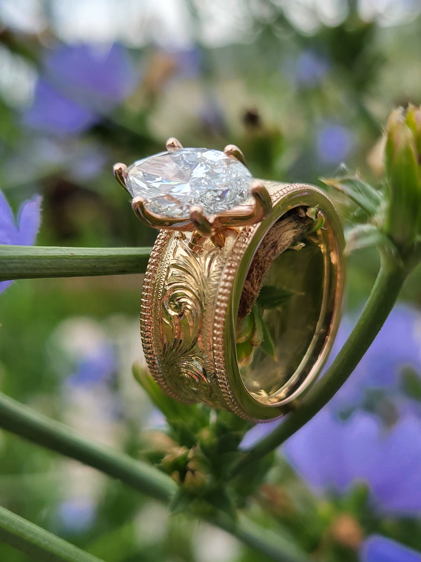The Louisa: Wide 2ct. Two-Tone Rose and Yellow Gold Hand-Engraved Western Engagement Ring, Unique Cowgirl Ring, Western Engagement Ring for Her, Rose Gold and Yellow Gold Engagement