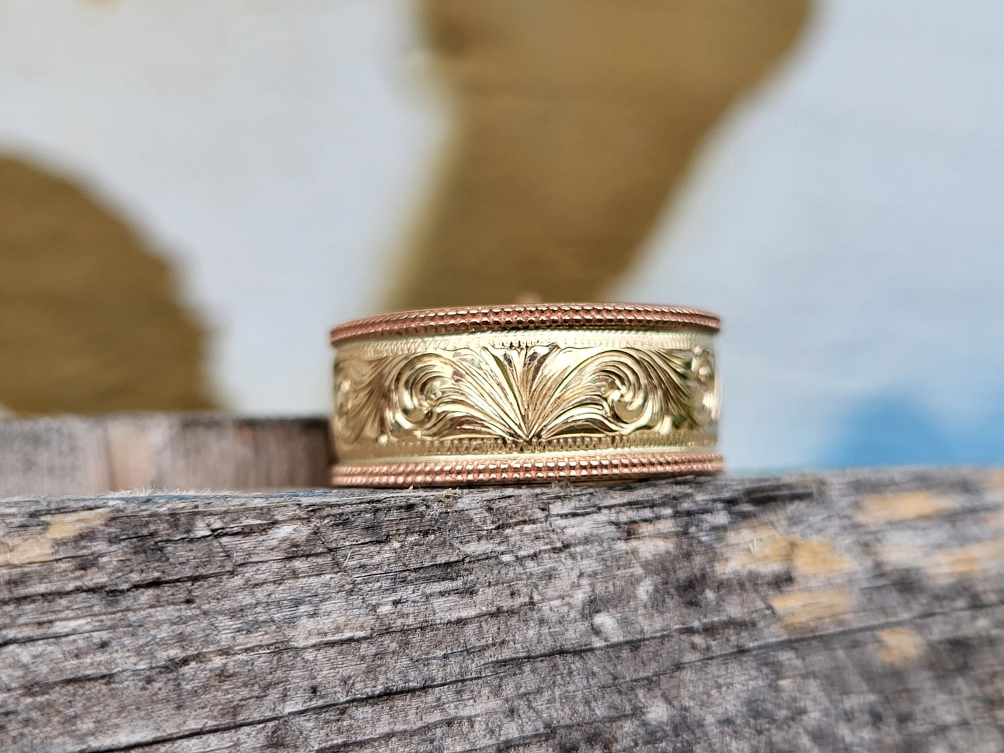 The Louisa: Wide 2ct. Two-Tone Rose and Yellow Gold Hand-Engraved Western Engagement Ring, Unique Cowgirl Ring, Western Engagement Ring for Her, Rose Gold and Yellow Gold Engagement