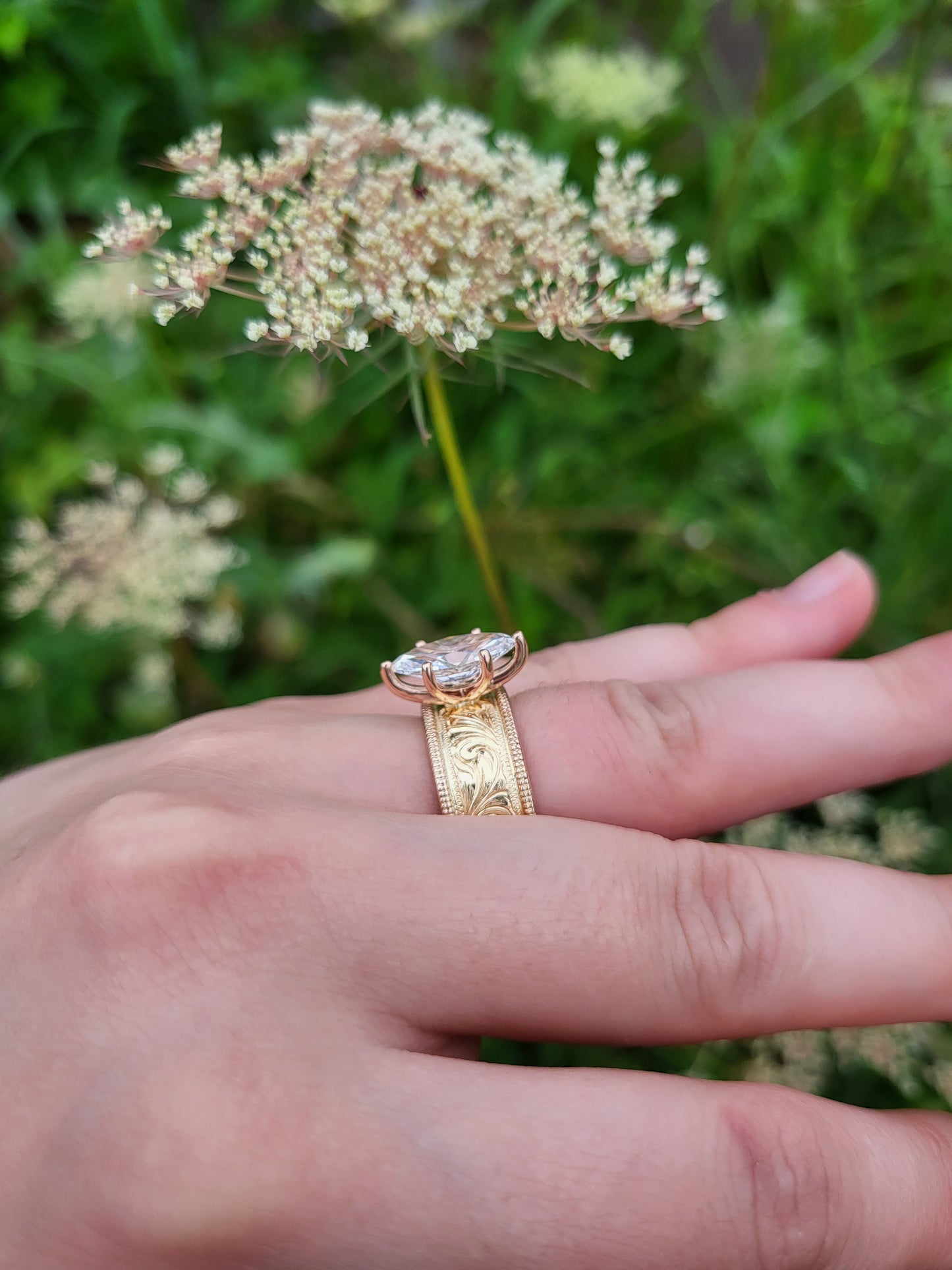 The Louisa: Wide 2ct. Two-Tone Rose and Yellow Gold Hand-Engraved Western Engagement Ring, Unique Cowgirl Ring, Western Engagement Ring for Her, Rose Gold and Yellow Gold Engagement