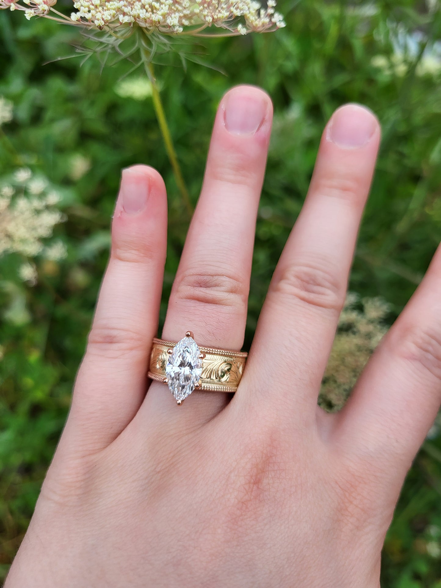 The Louisa: Wide 2ct. Two-Tone Rose and Yellow Gold Hand-Engraved Western Engagement Ring, Unique Cowgirl Ring, Western Engagement Ring for Her, Rose Gold and Yellow Gold Engagement