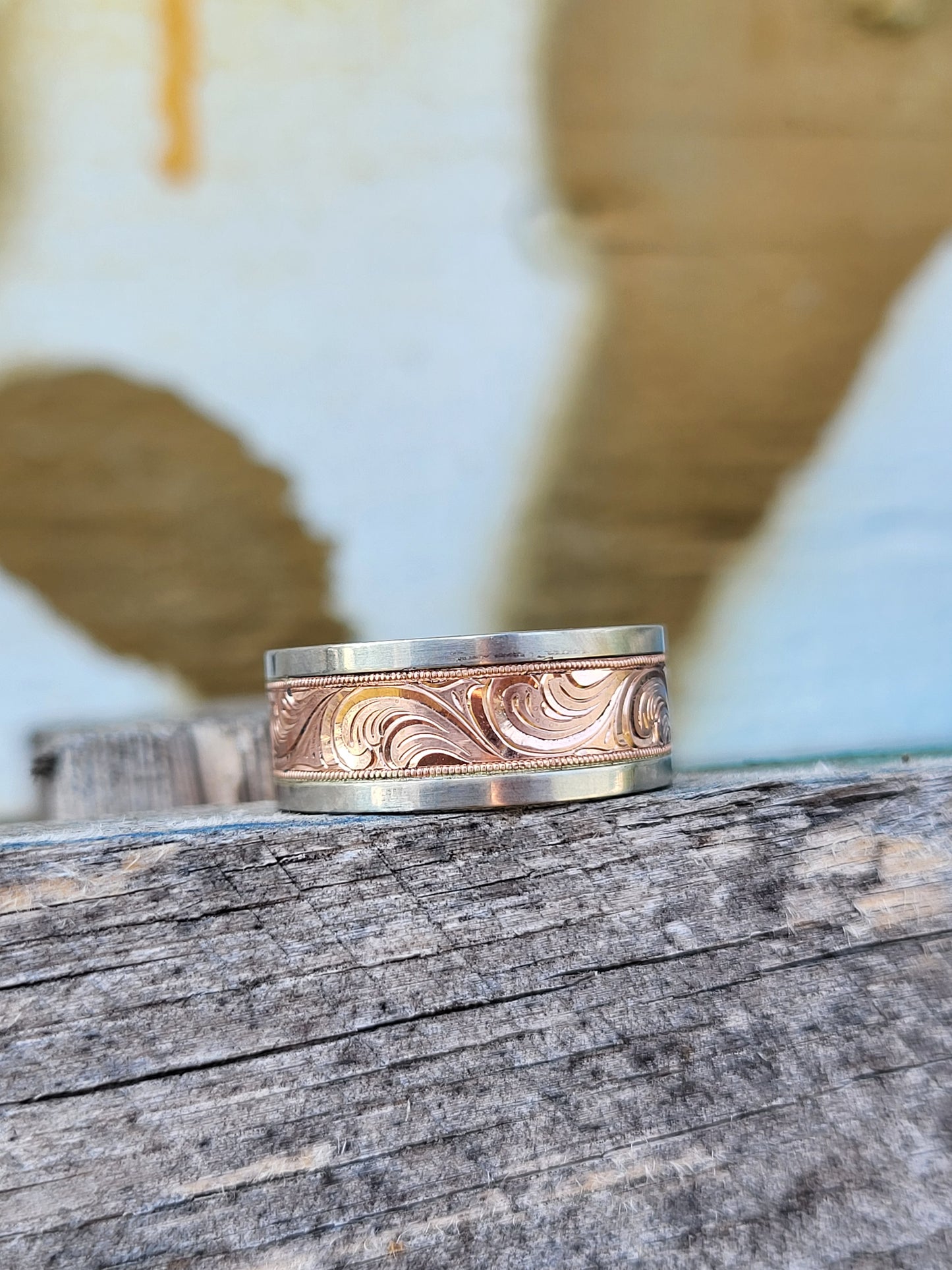 The Matthew: 10mm Wide Men's Wedding Band, Rose Gold and White Gold Ring, Hand Engraved, Western Gift for him