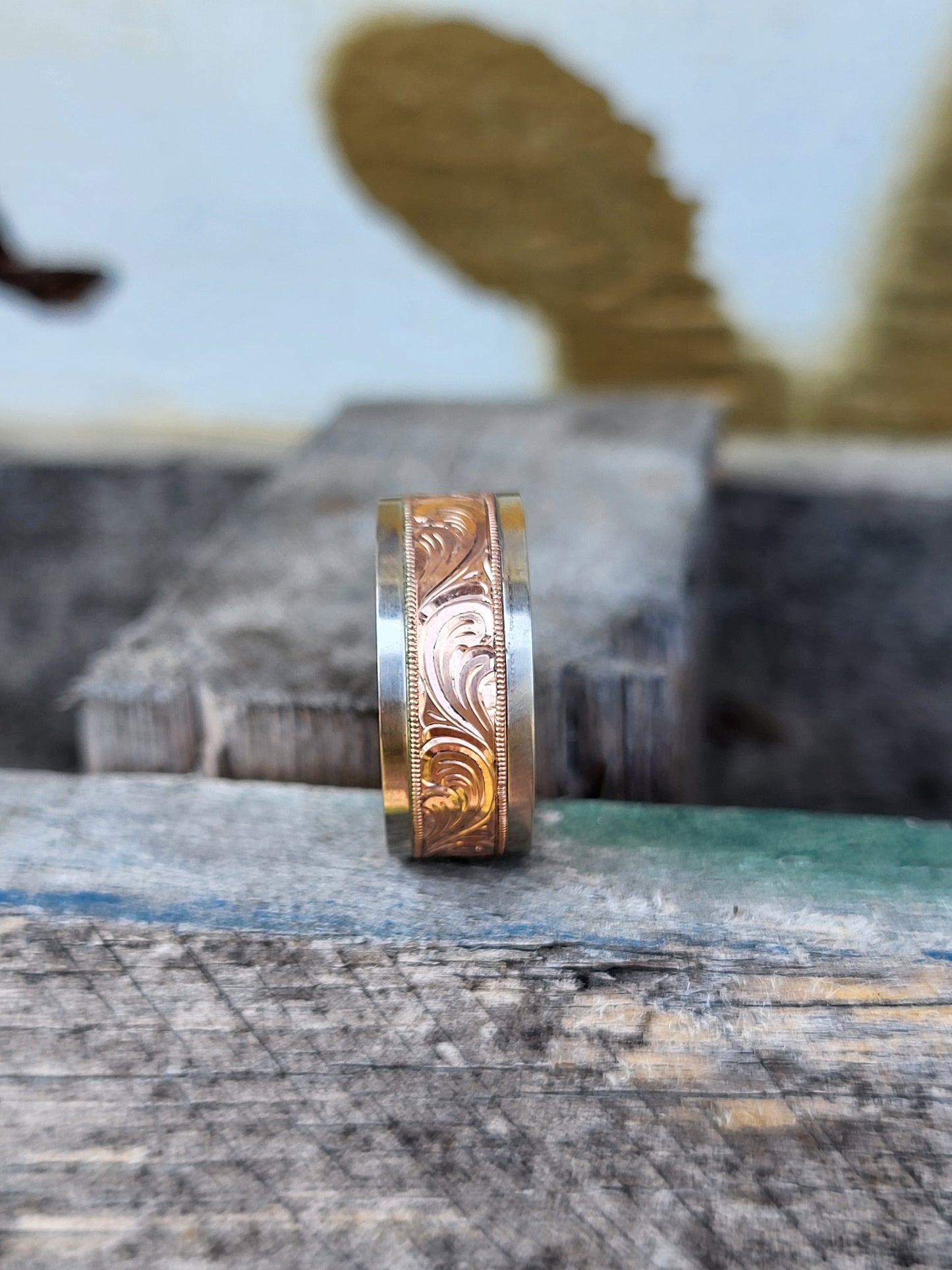 The Matthew: 10mm Wide Men's Wedding Band, Rose Gold and White Gold Ring, Hand Engraved, Western Gift for him