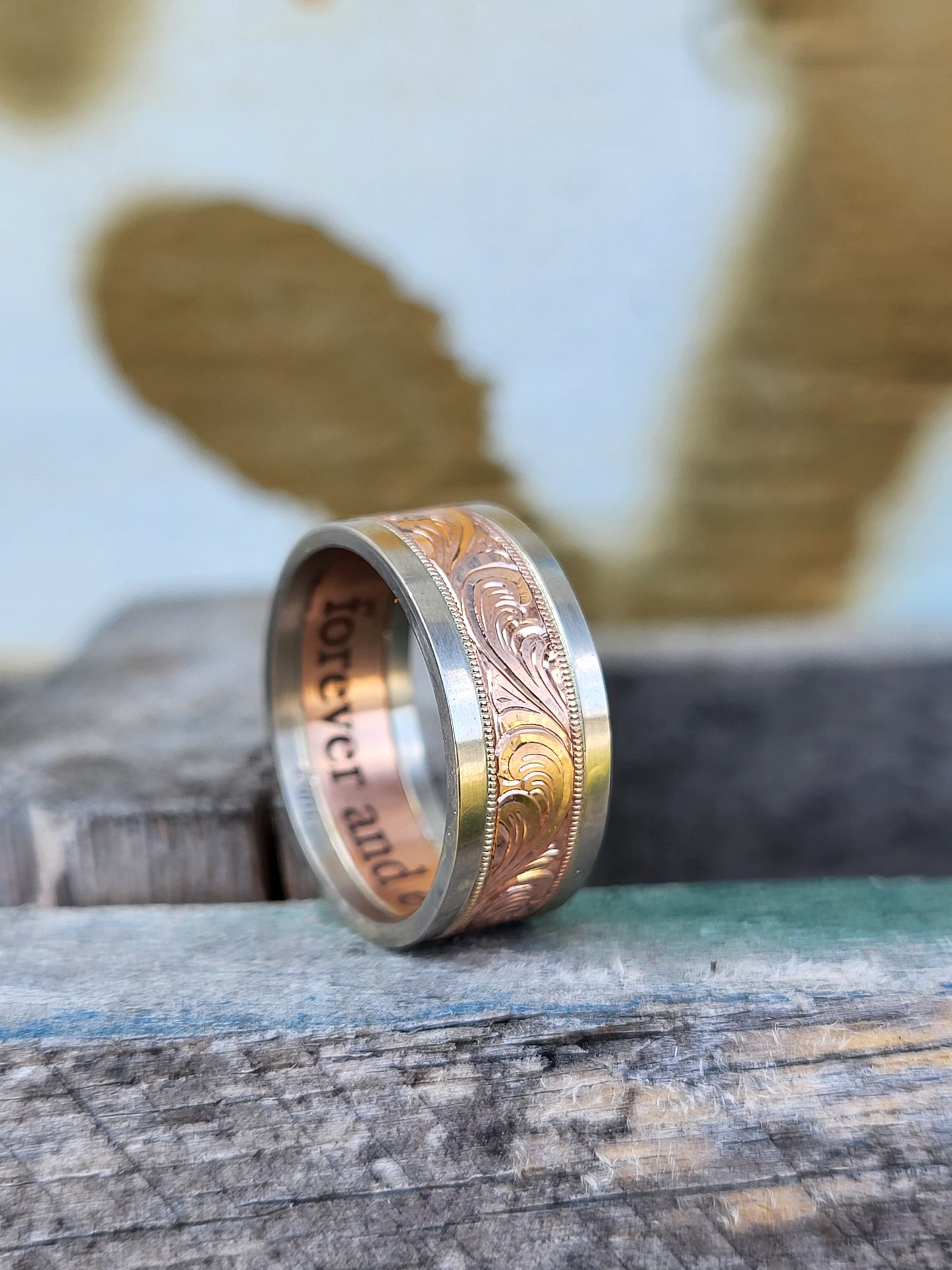 The Matthew: 10mm Wide Men's Wedding Band, Rose Gold and White Gold Ring, Hand Engraved, Western Gift for him