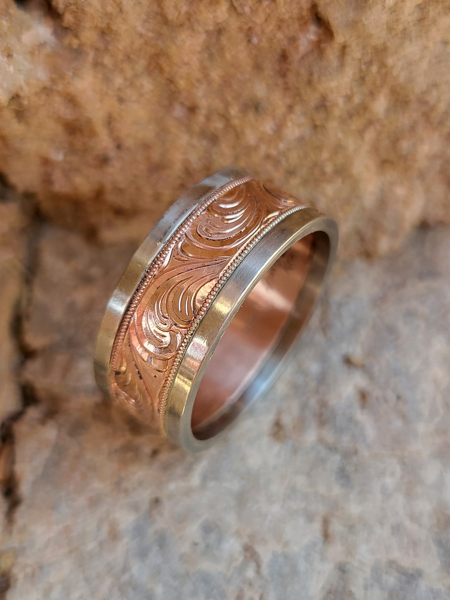 The Matthew: 10mm Wide Men's Wedding Band, Rose Gold and White Gold Ring, Hand Engraved, Western Gift for him