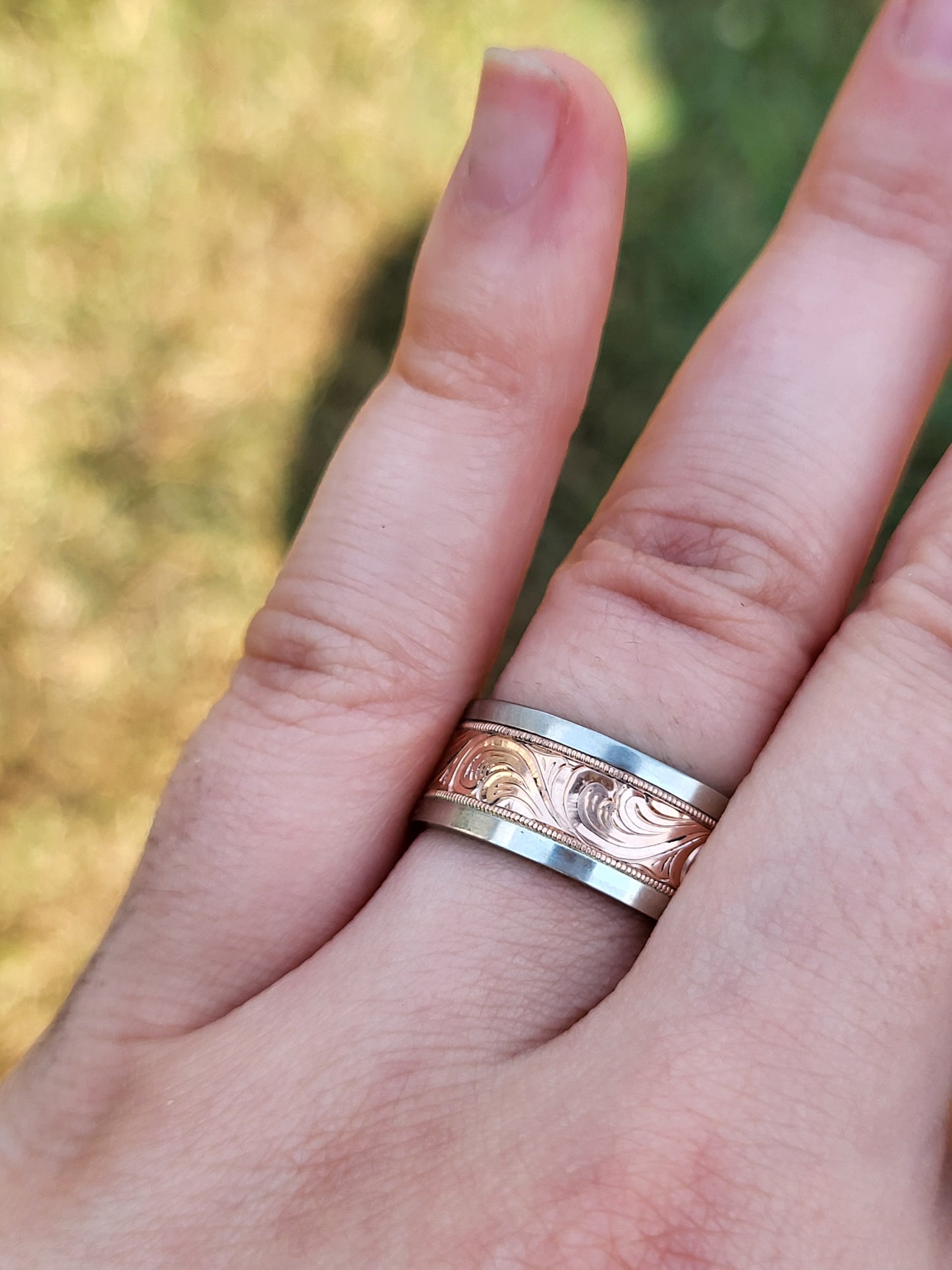 The Matthew: 10mm Wide Men's Wedding Band, Rose Gold and White Gold Ring, Hand Engraved, Western Gift for him