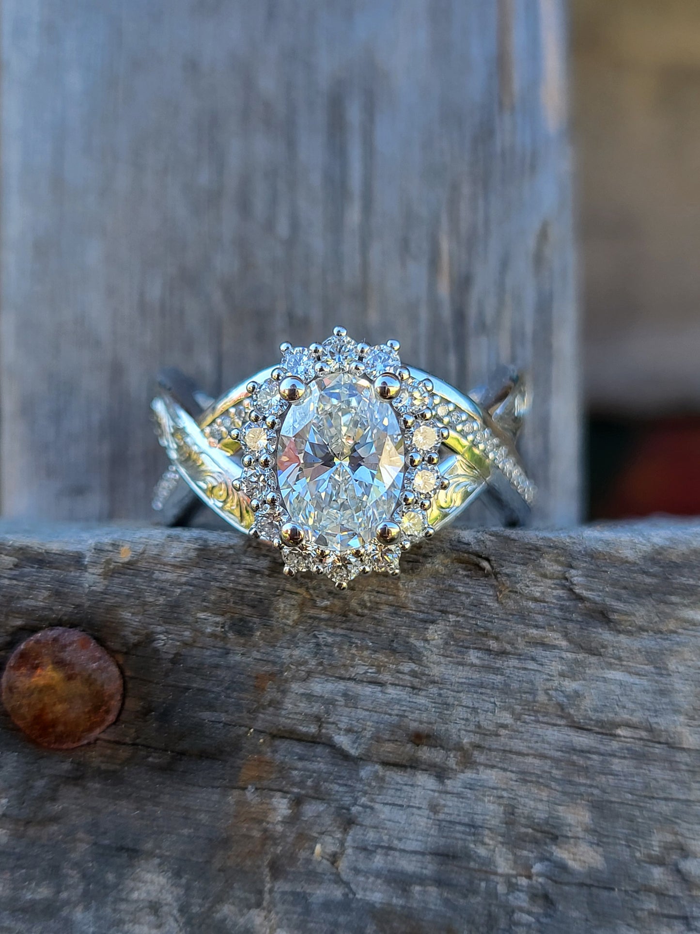 The Angie: Contemporary Western Fusion Engagement Ring, Modern Cowgirl Engagement Ring, Western Ring, Western Engagement ring, Unique Western Oval with Halo