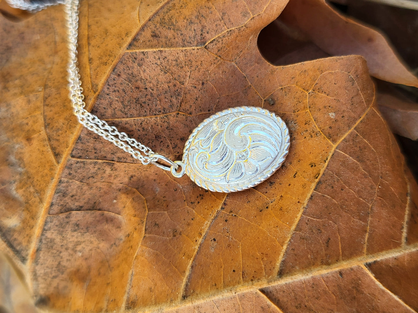 Dainty Hand-Engraved Oval Pendant, Cowgirl Scrollwork Charm, Western Hand-Engraved Jewelry