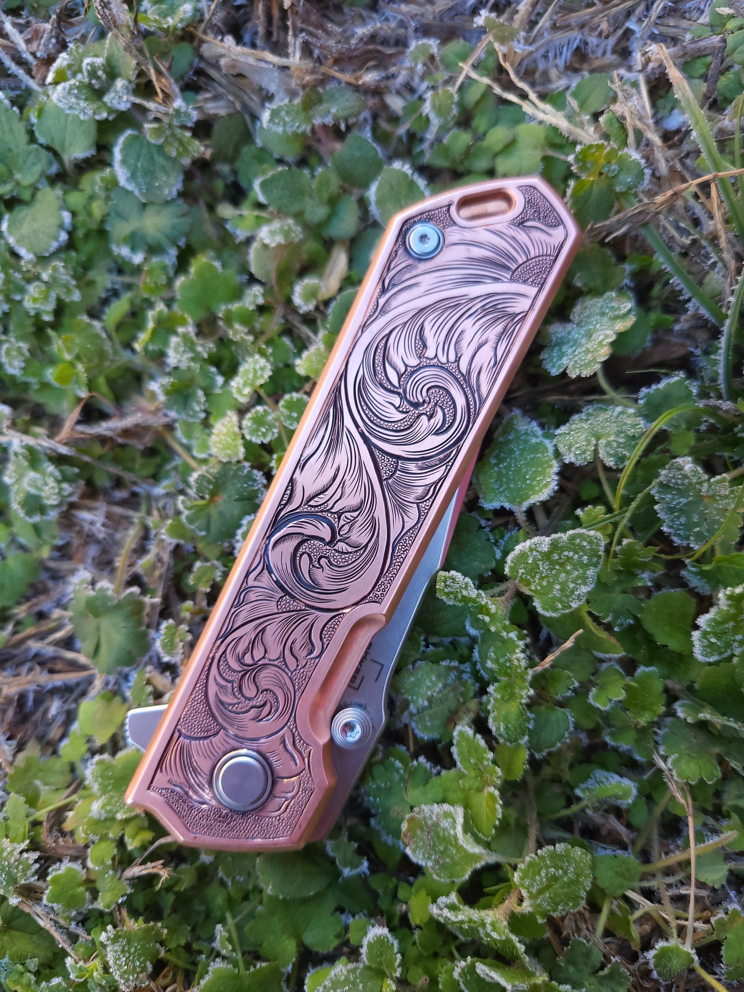 Scrollwork Hand-Engraved Copper Boker Pocket Knife, Western Gifts for Him, Cowboy Gifts, Hand-Engraved Knife, Hand Tooled Knife