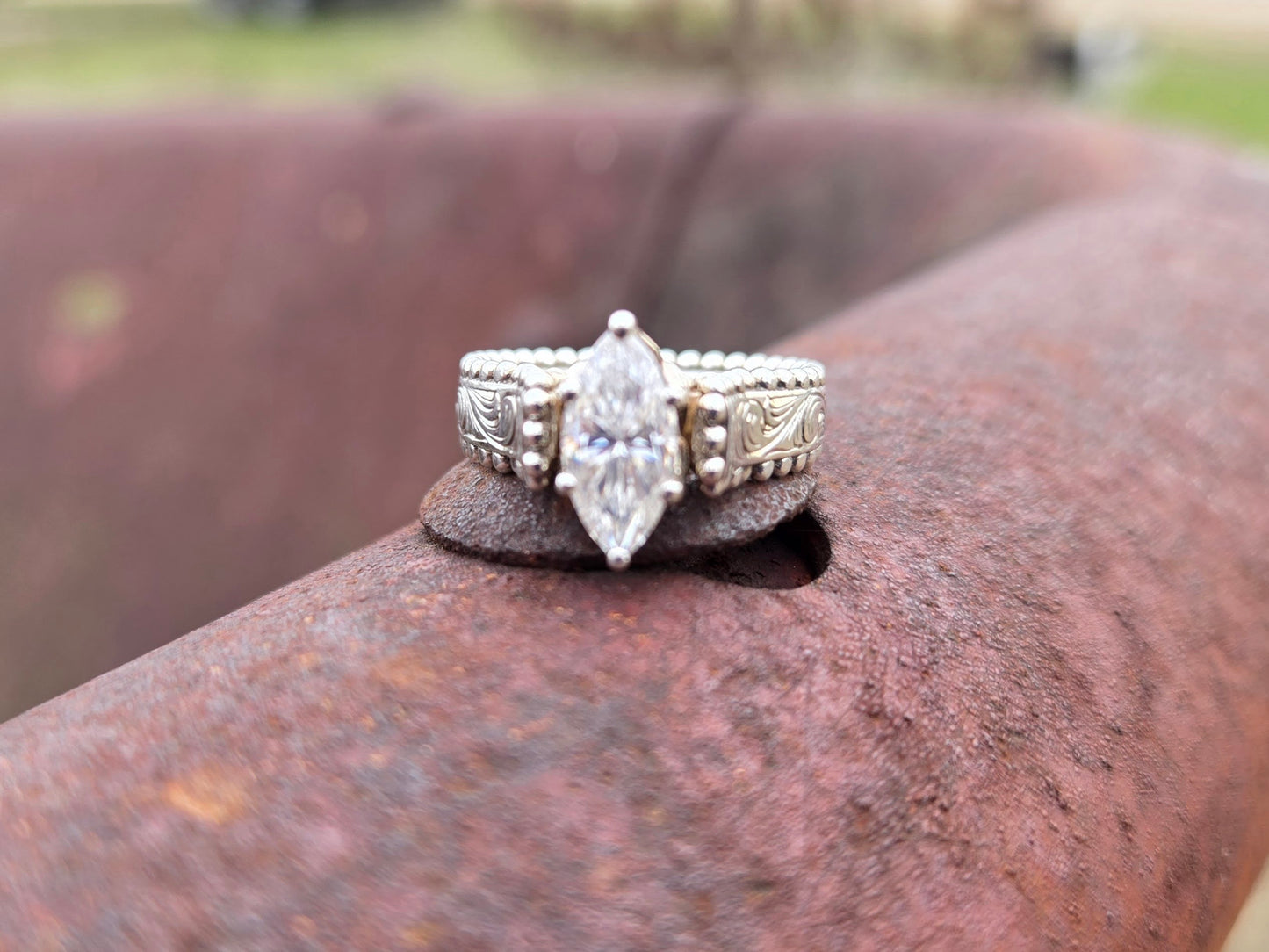 IMMEDIATE SHIP: Marquiese Center Taylor Sz. 5.5 with Moissanite Center, Two-Tone Western Engagement Ring, Rose Gold and Sterling Silver Hand-Engraved Cowgirl Engagement Ring