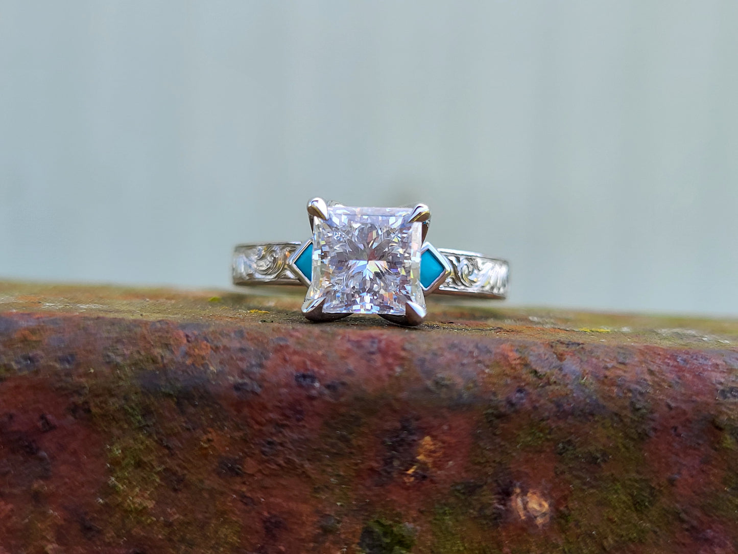 The Tilda: Gemstone accented Narrow 3.5mm, 2 - 2.75 ct. Princess Cut 10K, 14K, or 18K White Gold Engagement Ring, Western Engagement Ring, Cowgirl Ring, Western Wedding Ring