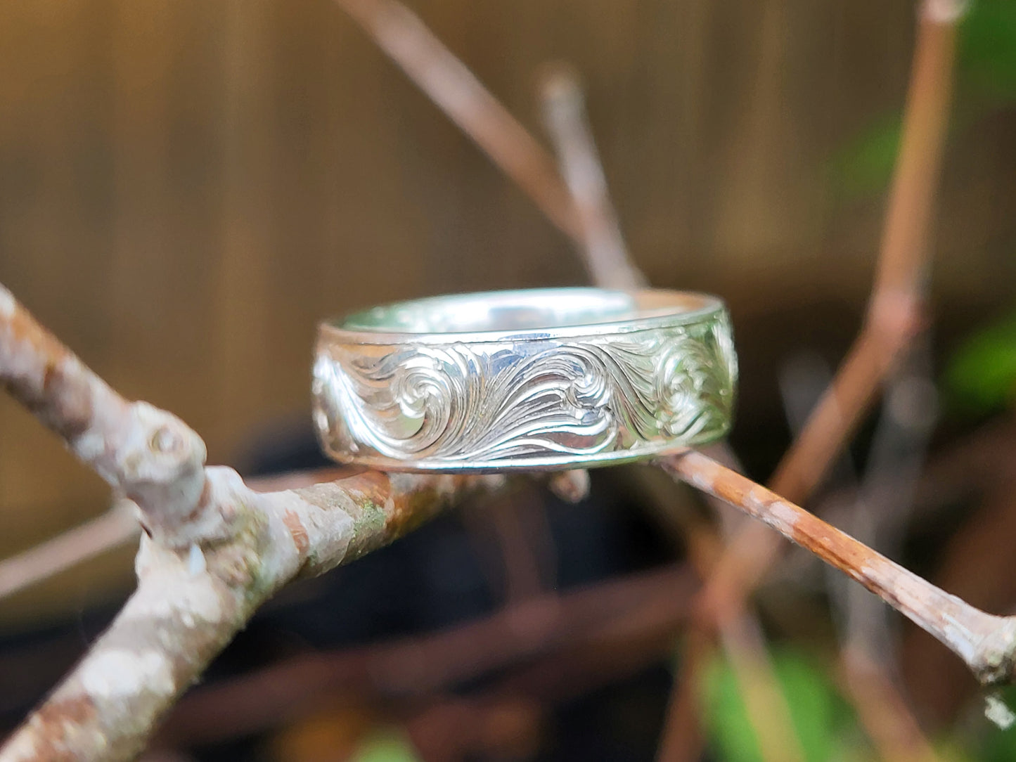 The Laramie: 7mm Western Wedding Band with Bezel Set Trillion, Western Men's Ring with Stone, Bevel Inset Gemstone or Diamond Ring, Hand-Engraved Scrollwork Band with Stone, Cowboy Ring