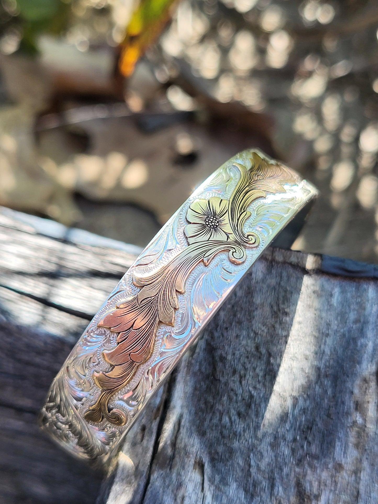 The Sarah- Floral Cowgirl Cuff: A Sterling Silver or 10K Gold Cuff with a 10K or 14K Gold overlay, Hand-engraved Cuff