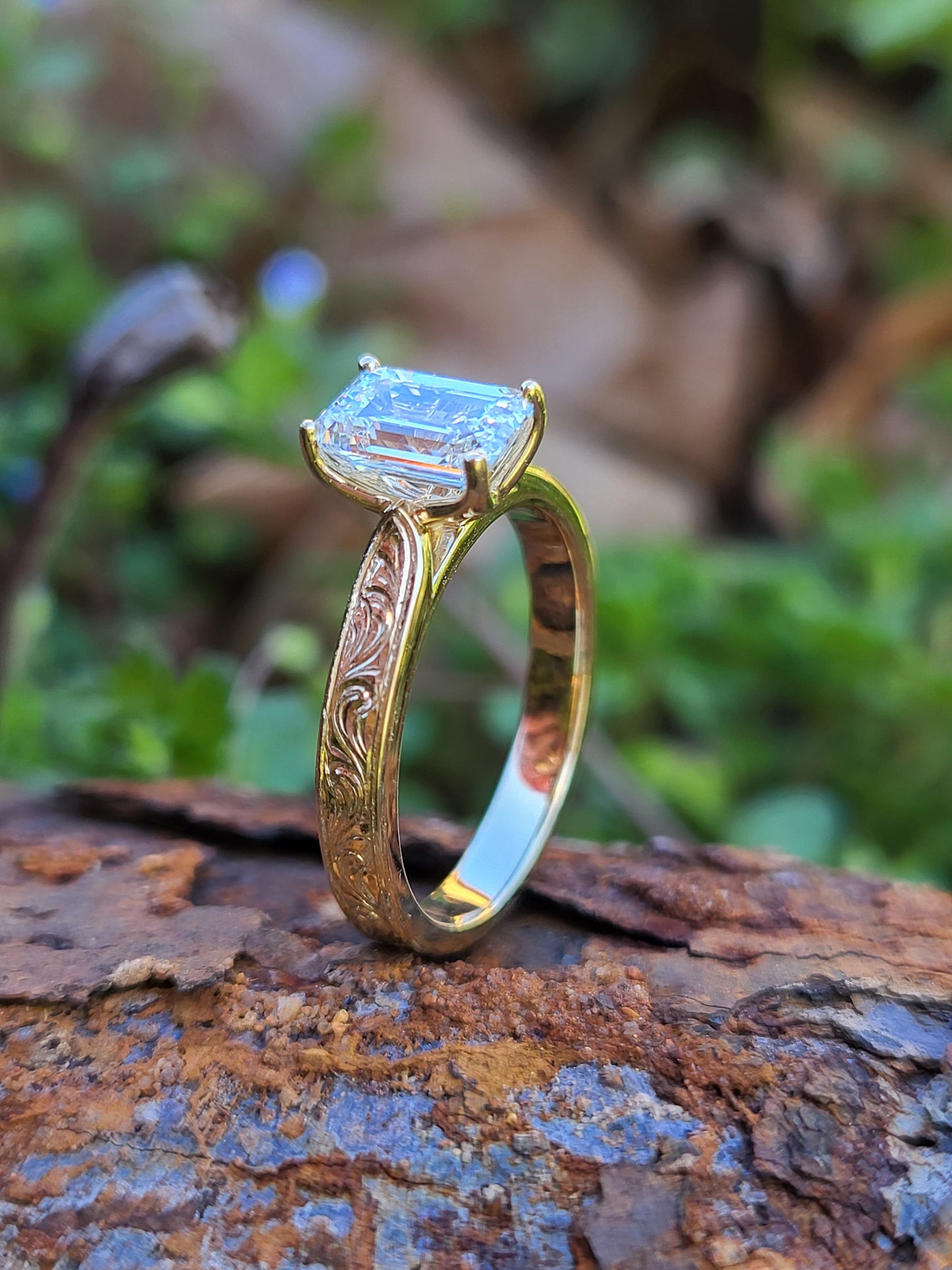 The Hailey: Narrow Cathedral Style Engagement Ring in 10K, 14K, 18K Yellow Gold Emerald Cut Engagement Ring, Western Engagement Ring, Cowgirl Ring, Western Wedding Ring
