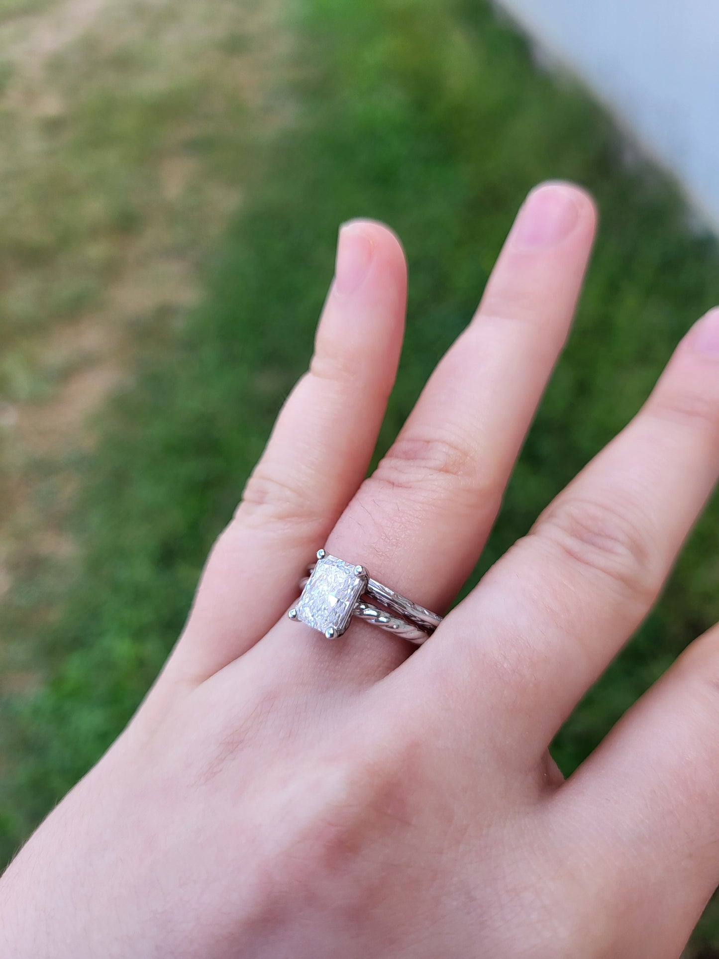 The Mariann: 10K White Gold or Sterling Silver Rope Ring With 1.5 ct. Radiant Moissanite or CZ, Western Engagement Ring, Western Wedding Band, Cowgirl Ring, Rope Engagement Ring