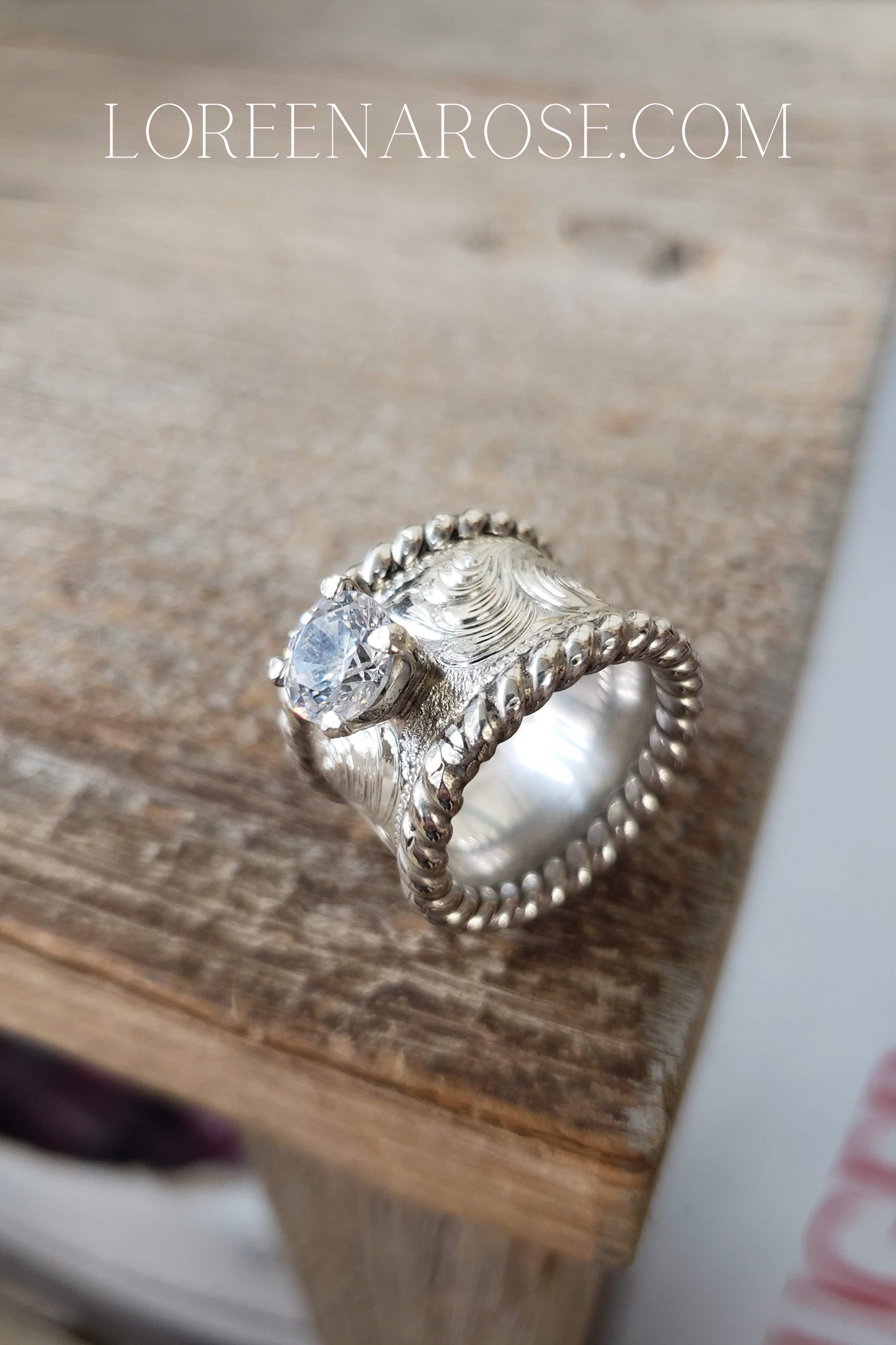 Unique Sterling Silver Western Engagement Ring, Wedding Band, Round Stone, Hand Engraved, Bridal Jewelry, Anniversary Gift For Her, by Loreena Rose