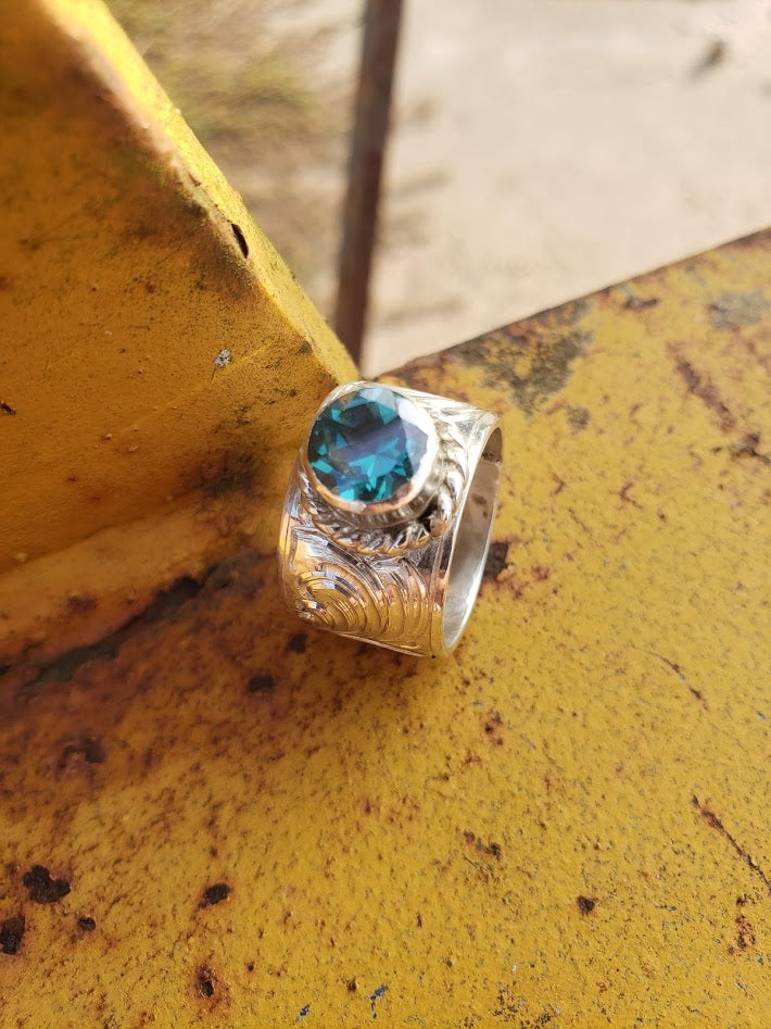 Sterling Silver Engraved Ring with Blue Topaz Stone, Gift For Her by Loreena Rose