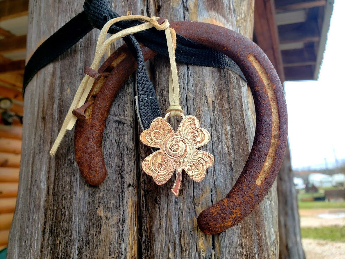 Copper 4-Leaf Clover, Hand Engraved Shamrock Necklace, Western Pendant, Personalized Design by Loreena Rose