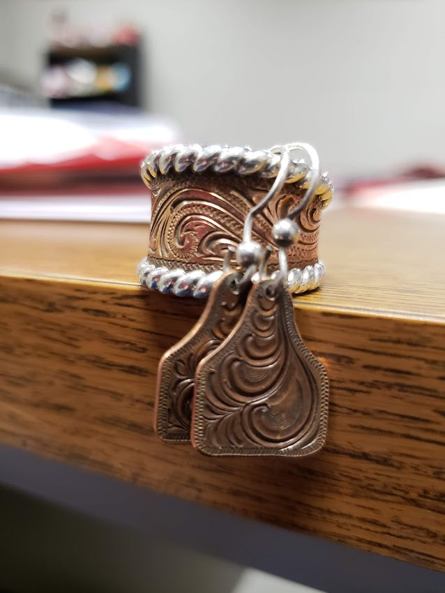 Copper Engraved Cow Tag Earrings, Western Earring Design EAR00004 by Loreena Rose