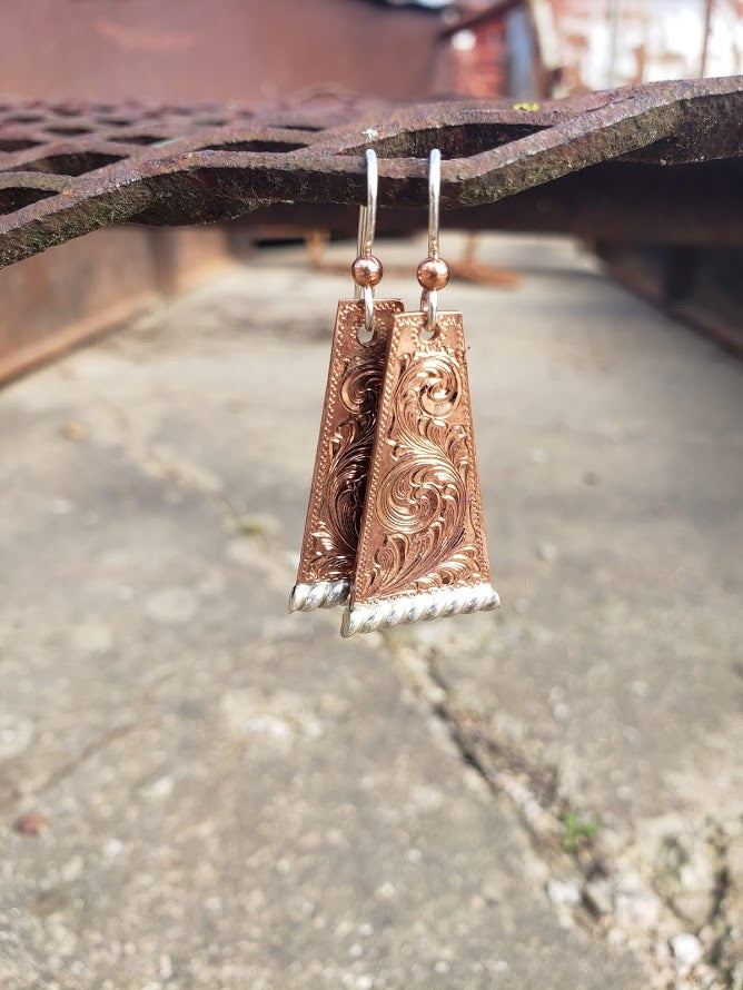 Copper Engraved Geometric Sterling Silver with Rope Edge