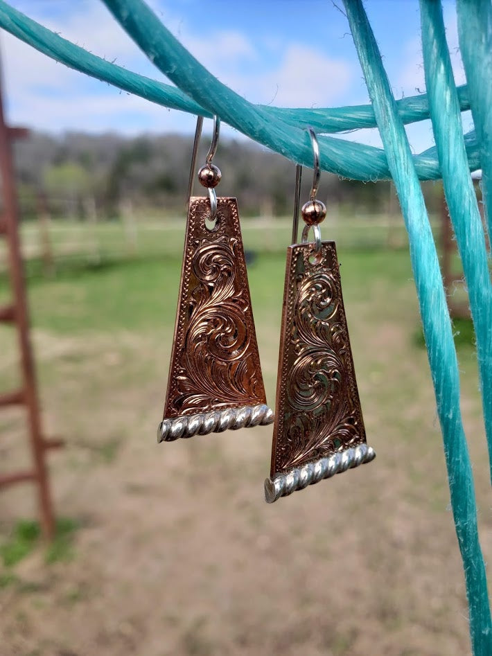 Copper Engraved Geometric Sterling Silver with Rope Edge